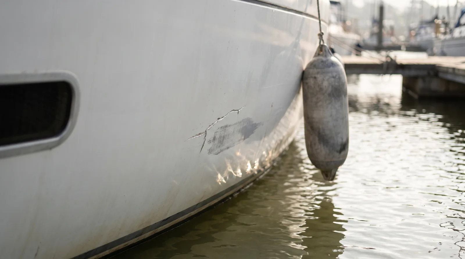 Nahaufnahme eines kleinen Kratzers am weißen Rumpf einer Segelyacht knapp über der Wasserlinie, daneben ein Fender