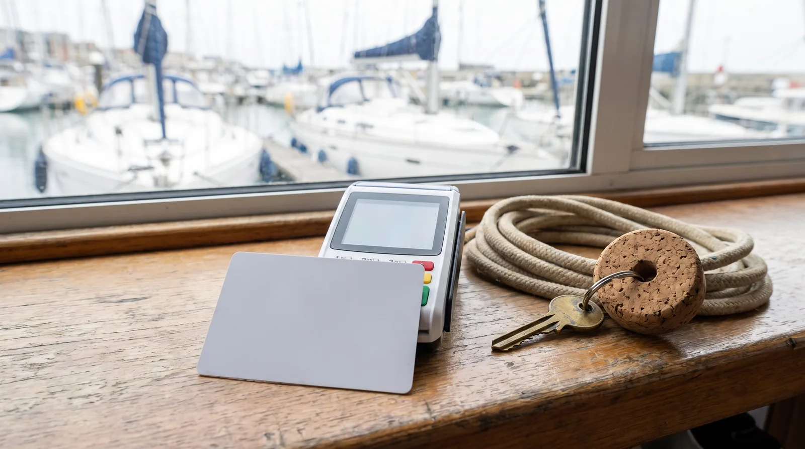 Unbedruckte Karte neben einem Kartenterminal auf dem Holztresen eines Charterbüros, daneben ein Bootsschlüssel mit Korkschwimmer, im Hintergrund Segelyachten