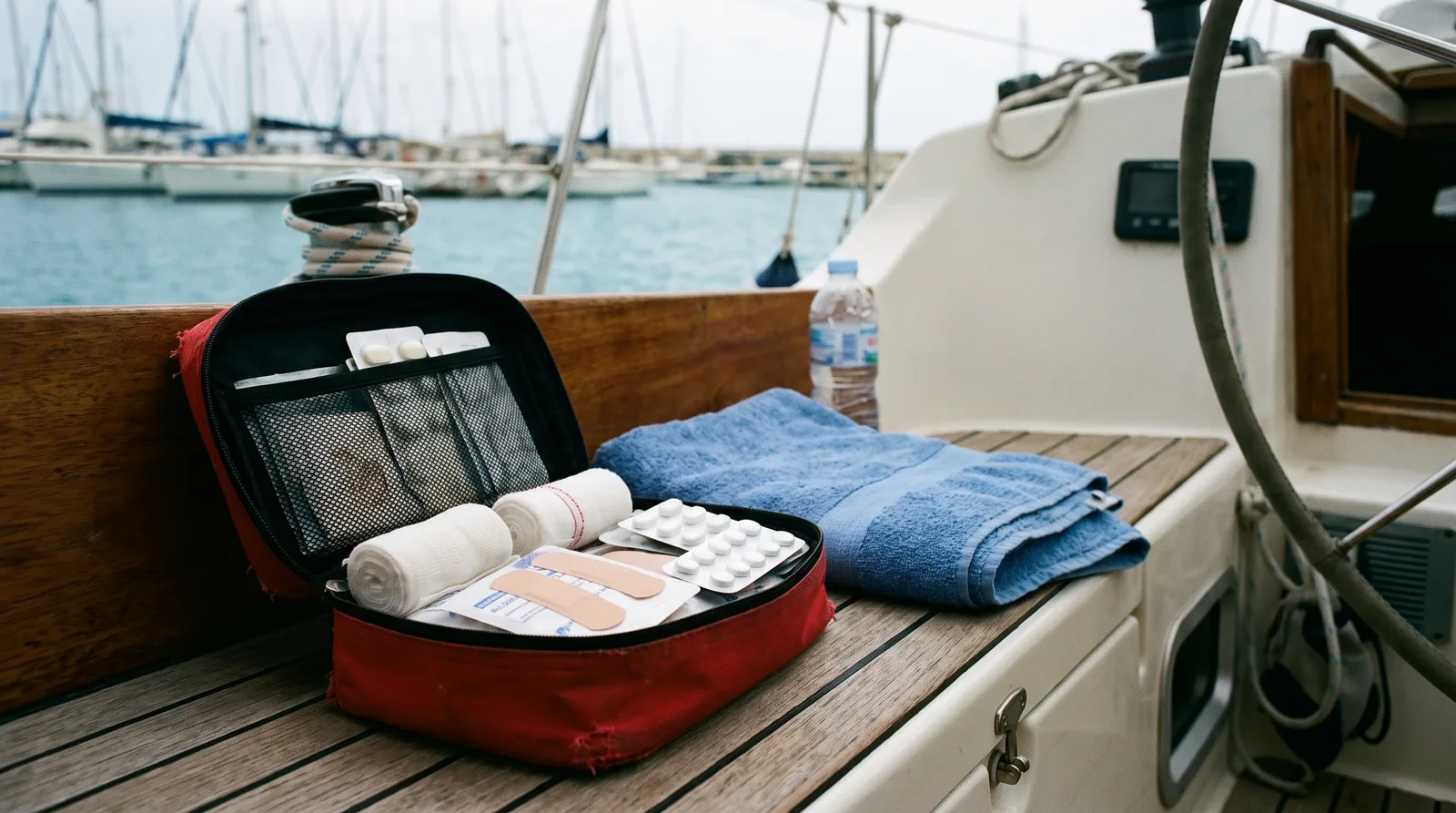 Geöffneter roter Erste-Hilfe-Kasten mit Verbandszeug auf der Cockpitbank einer Charteryacht, daneben Handtuch und Wasserflasche, im Hintergrund eine Marina