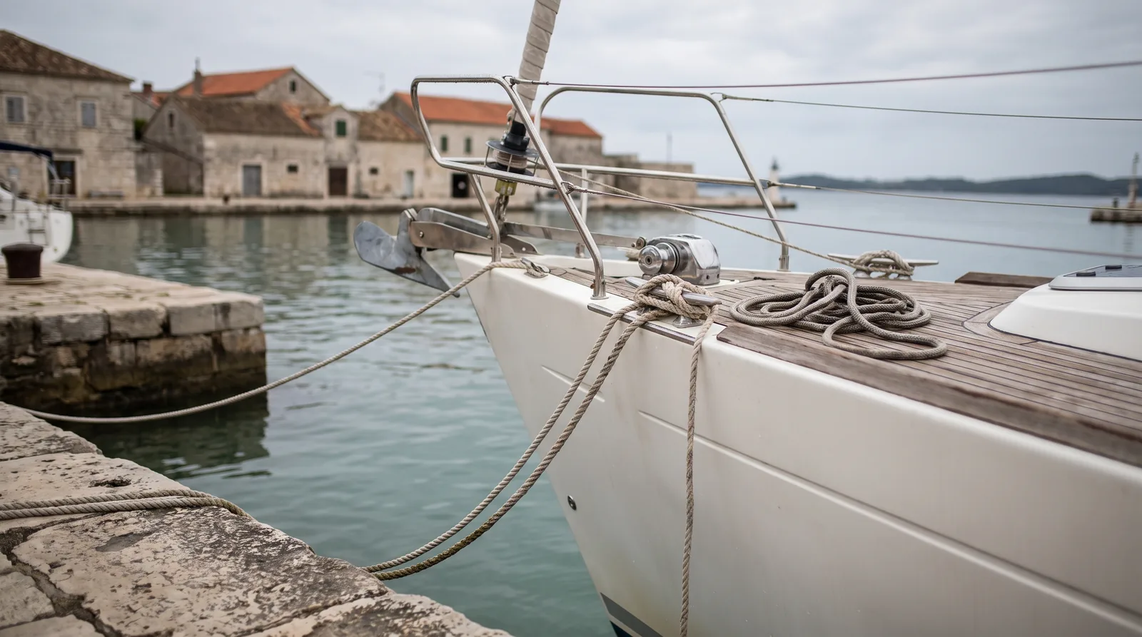 Bug einer weißen Charteryacht, die an einer alten Steinmole in einem kleinen adriatischen Hafen längsseits festgemacht ist