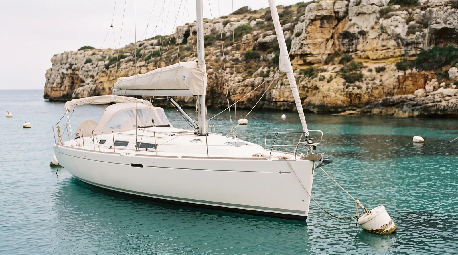 Gepflegte Charteryacht an einer Boje in einer Bucht mit hellen Kalksteinklippen und türkisem Wasser, wie man sie auf Malta findet