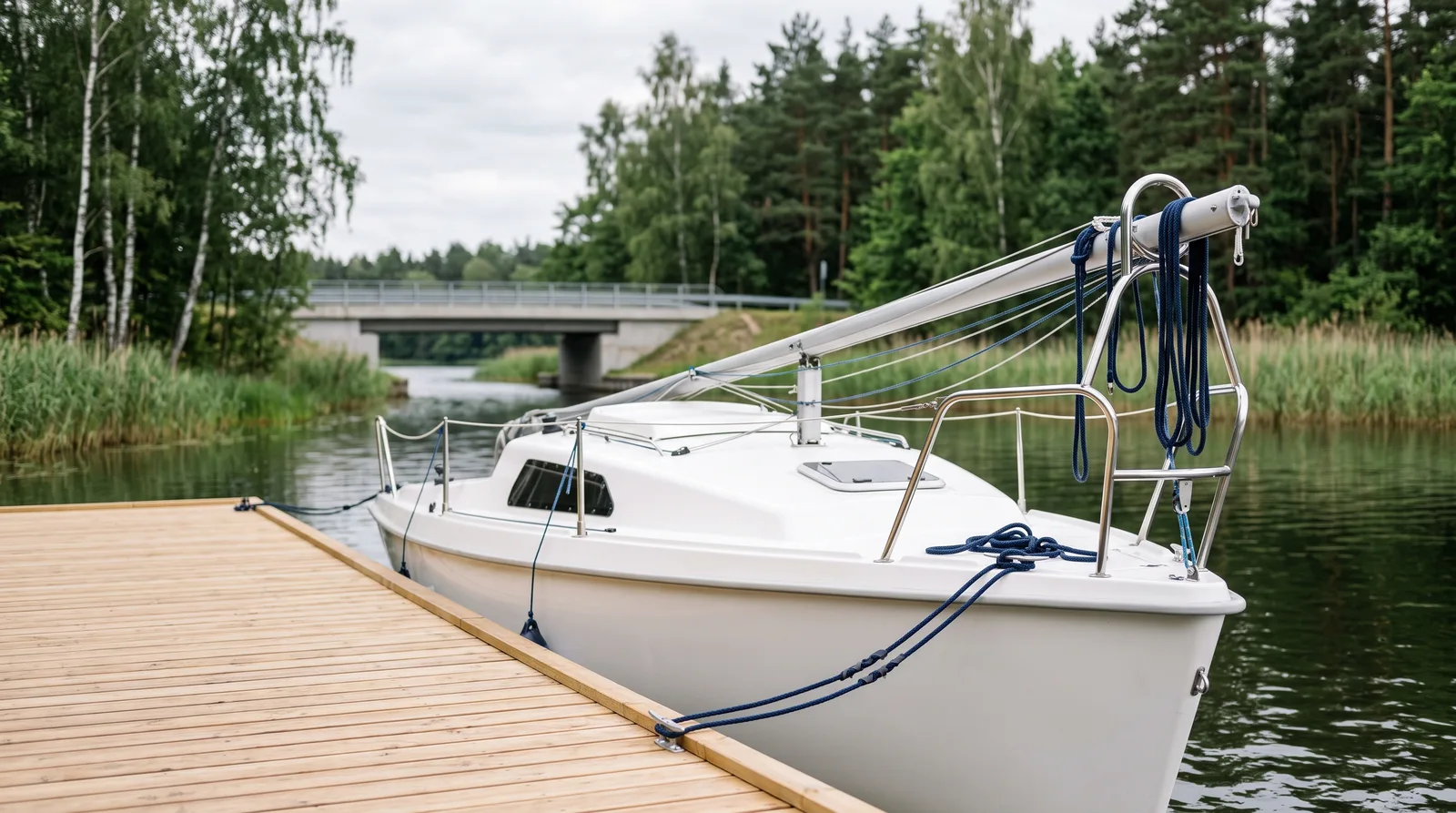 Kleine gepflegte Segelyacht mit gelegtem Mast an einem Holzsteg in Masuren, dahinter Schilf, Birken und eine niedrige Straßenbrücke