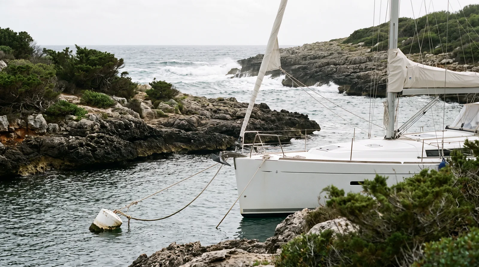 Segelyacht an einer Boje in einer felsigen Bucht an einer rauen Küste