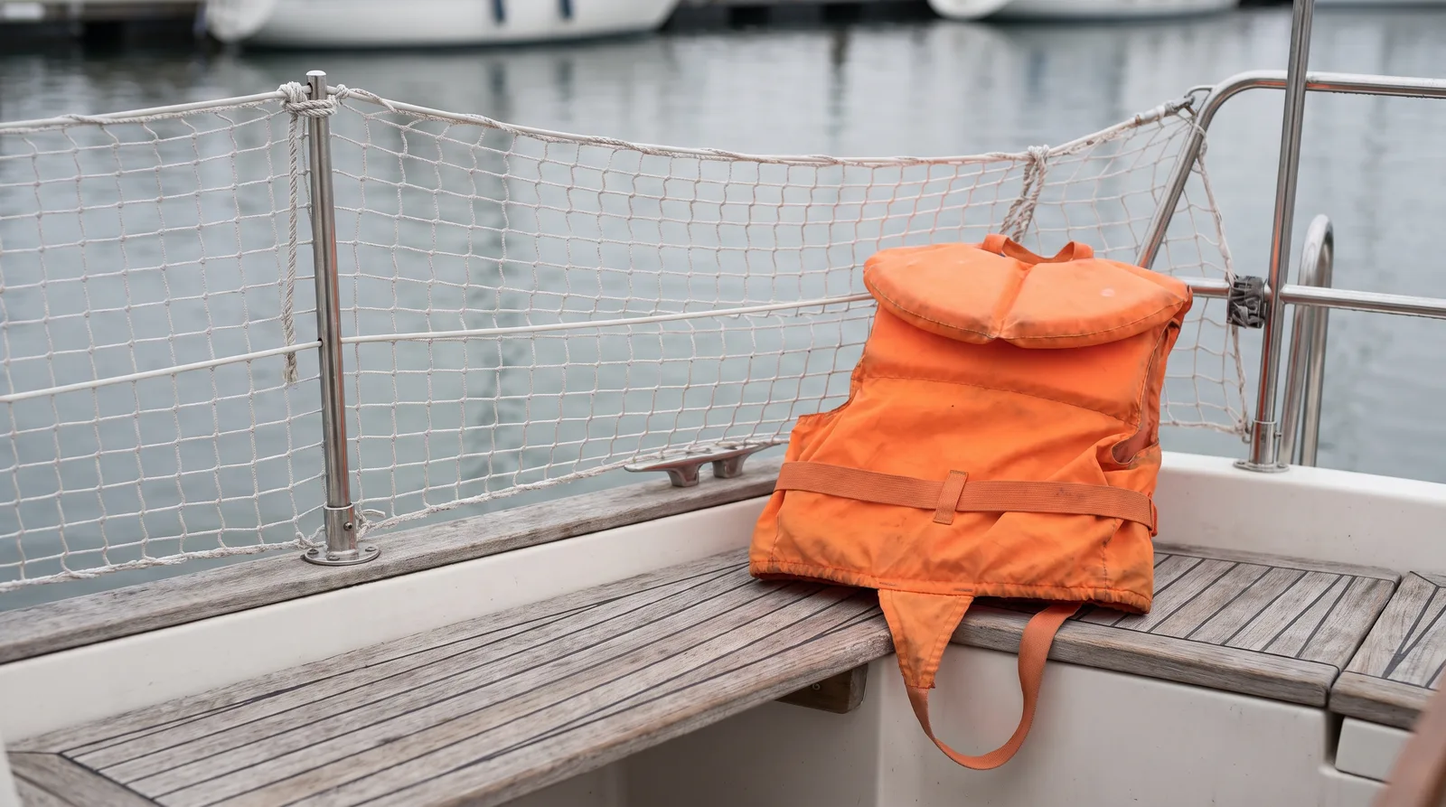 Eine kleine orange Kinderrettungsweste mit Schrittgurt liegt auf der Cockpitbank einer Charteryacht, dahinter ein Relingsnetz