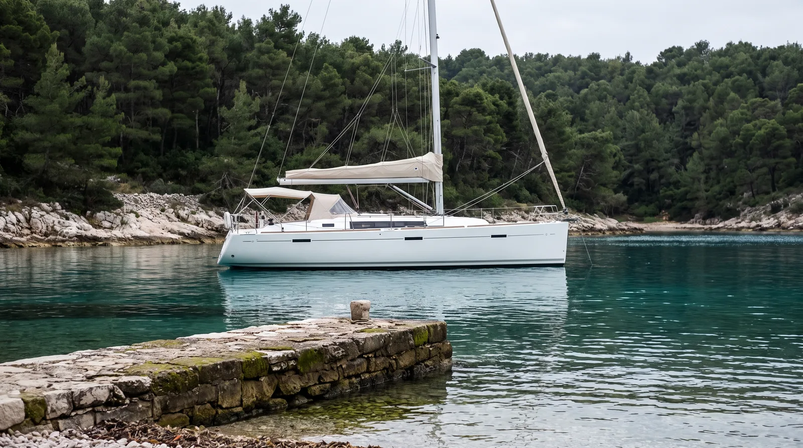 Segelyacht vor Anker in einer stillen grünen Bucht einer bewaldeten dalmatinischen Insel mit kleiner Steinmole