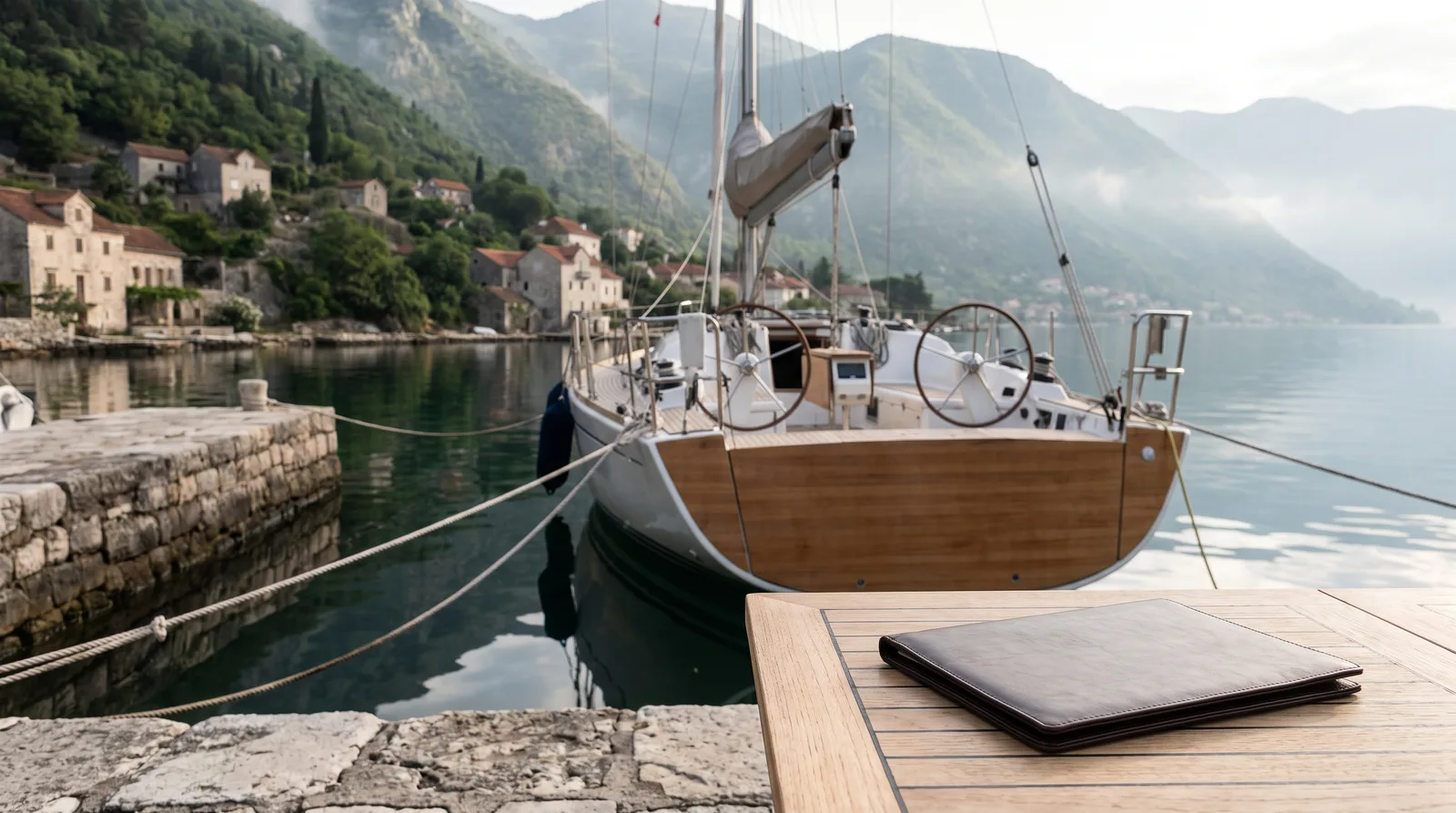 Gepflegte Segelyacht mit dem Heck an einer Steinkaimauer in der Bucht von Kotor, dahinter steile grüne Berge und alte Steinhäuser