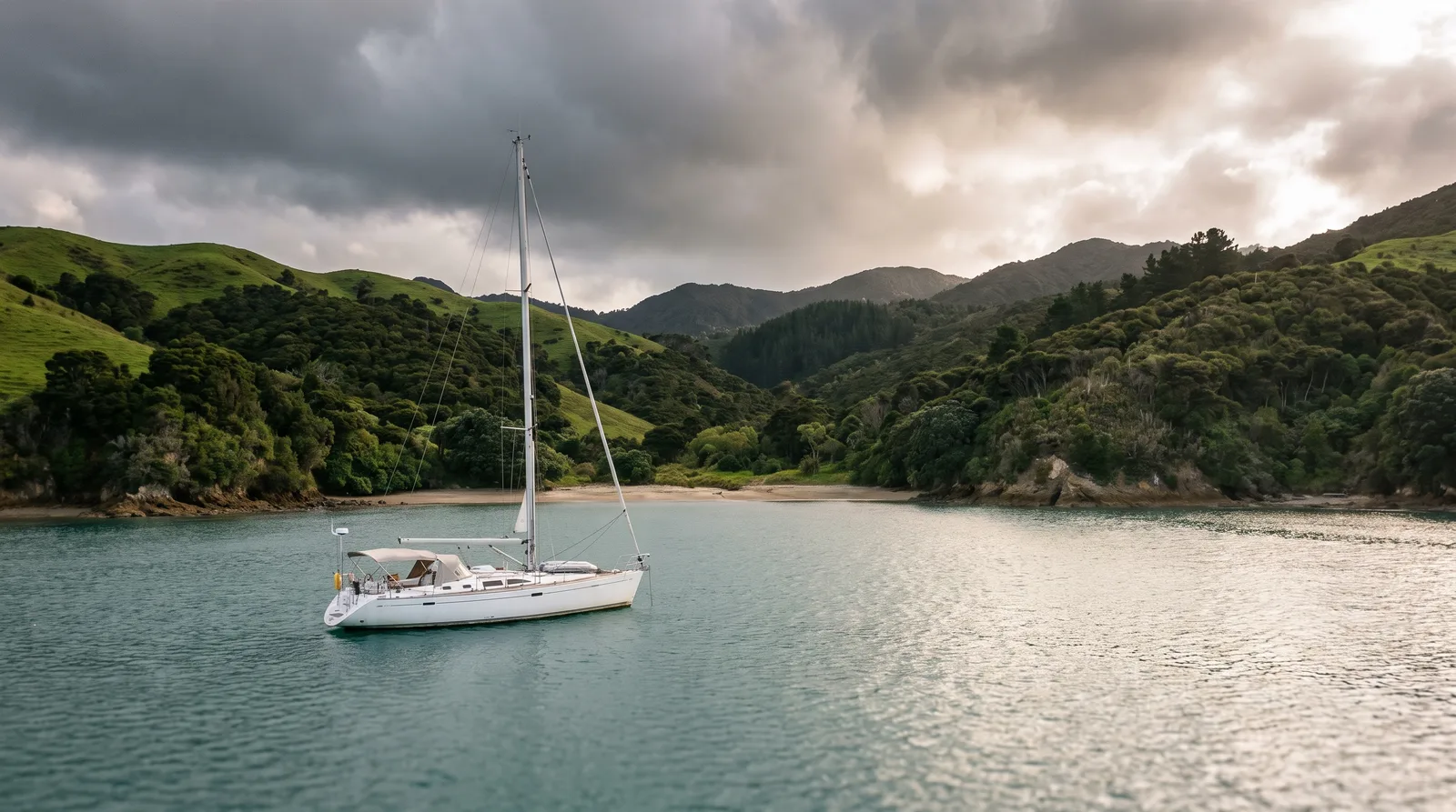 Gepflegte Segelyacht vor Anker in einer stillen Bucht mit Sandstrand und grünen Hügeln, darüber dunkle Wolken einer aufziehenden Front