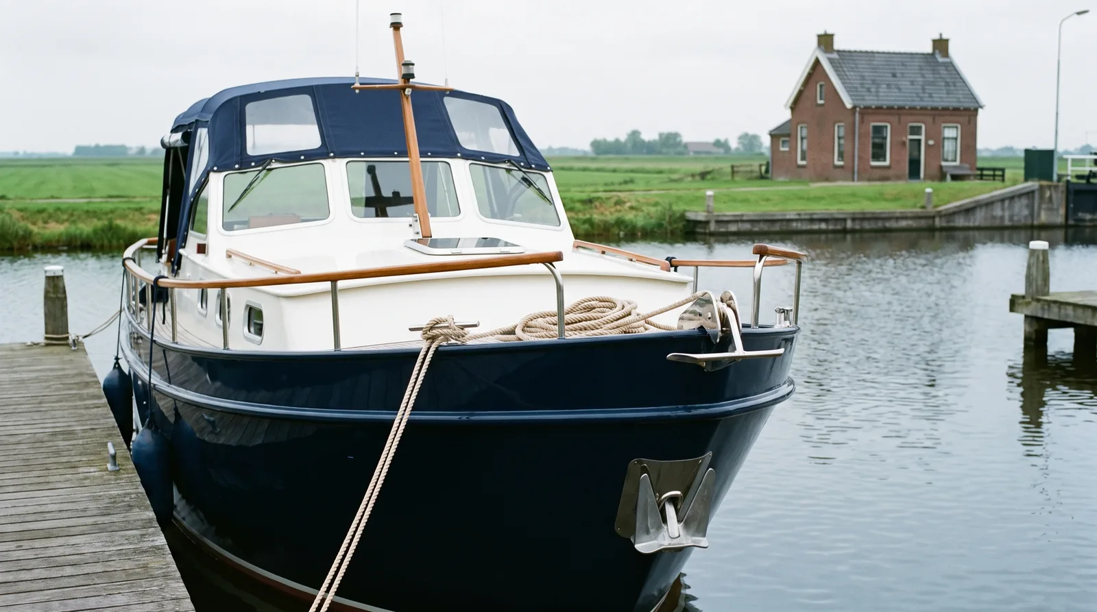 Gepflegter Motorkreuzer aus Stahl mit blauem Verdeck an einem friesischen Hafen am IJsselmeer, dahinter flaches Polderland und ein Schleusenhaus aus Backstein
