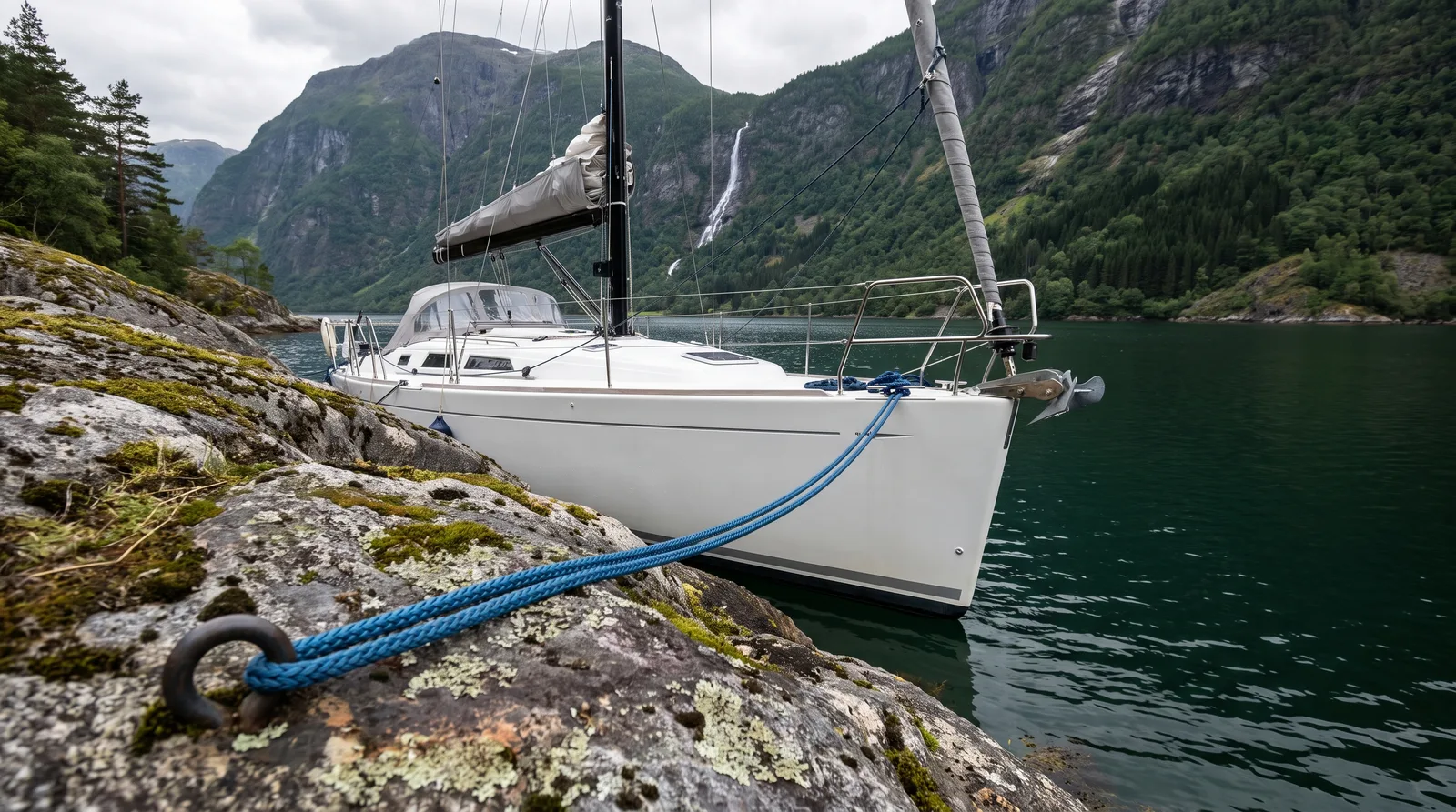 Gepflegte Segelyacht mit dem Bug am Felsufer eines norwegischen Fjords, die Festmacherleine an einem Eisenring im Fels, dahinter ein Wasserfall