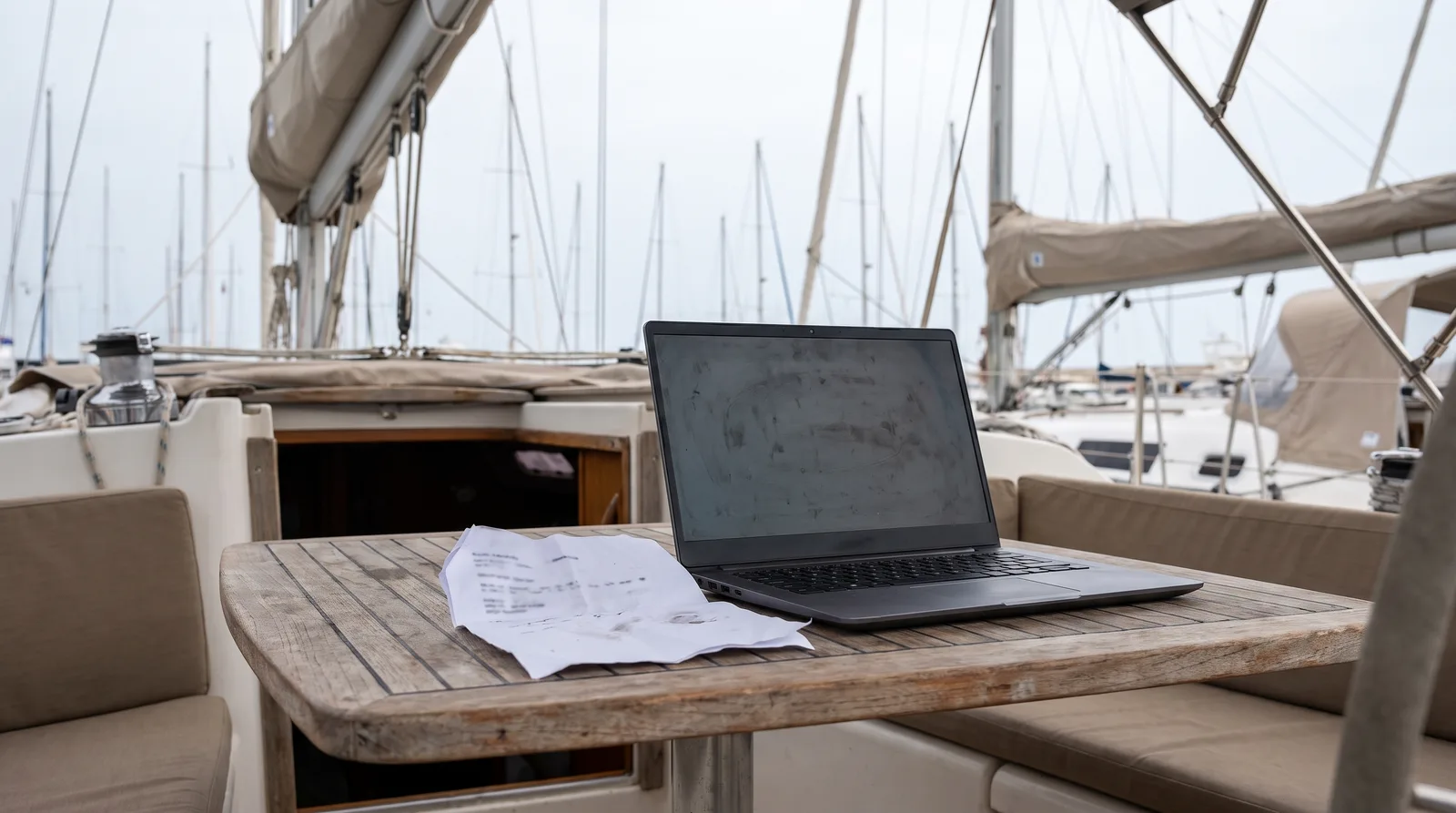 Aufgeklappter Laptop und eine ausgedruckte Buchungsbestätigung auf dem Cockpittisch einer Segelyacht in einer Mittelmeermarina, dahinter unscharfe Masten