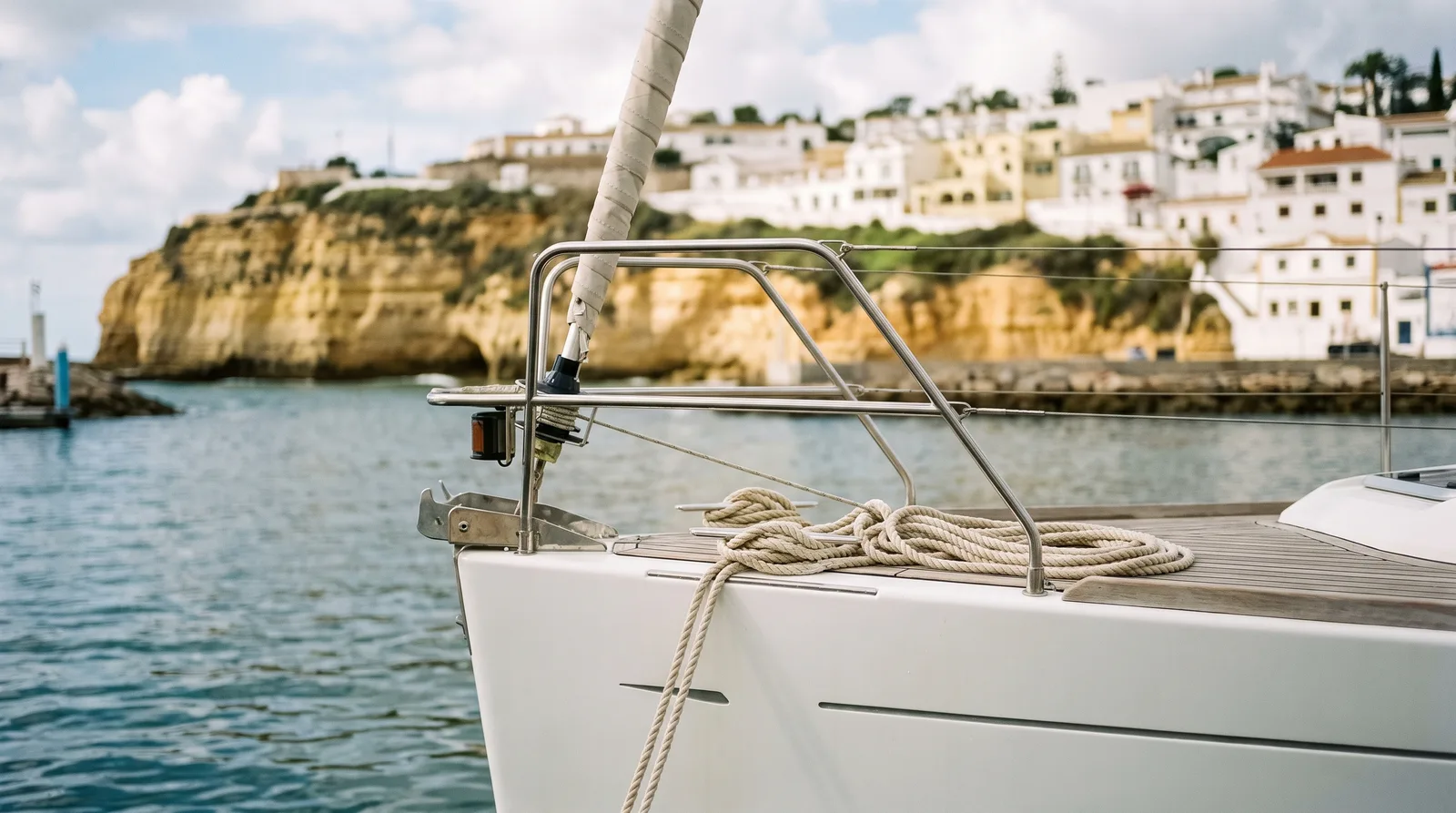 Gepflegte Segelyacht in einer Marina an der Algarve, im Hintergrund goldene Sandsteinklippen und weiß gekalkte Häuser