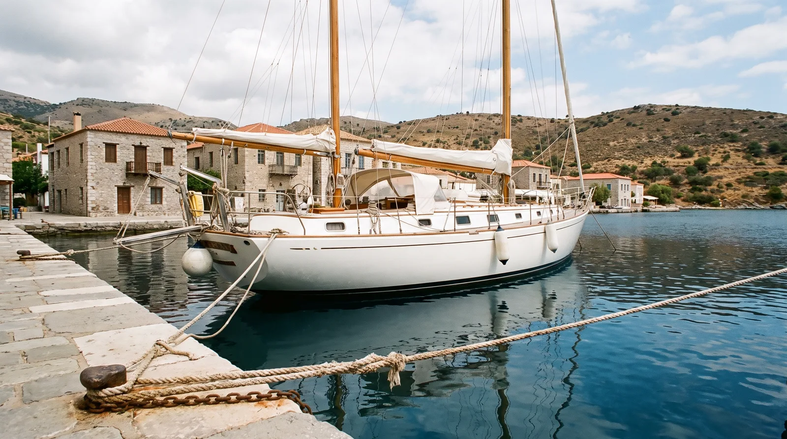 Weiße Segelyacht mit Heckleinen an einer Steinmole in einem kleinen griechischen Inselhafen mit Natursteinhäusern und Hügeln