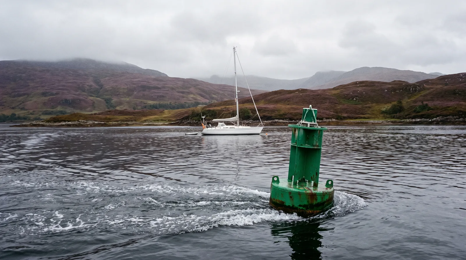Gepflegte Segelyacht vor Anker in einem schottischen Sea Loch, im Vordergrund strömt der Gezeitenstrom an einer grünen Fahrwassertonne vorbei
