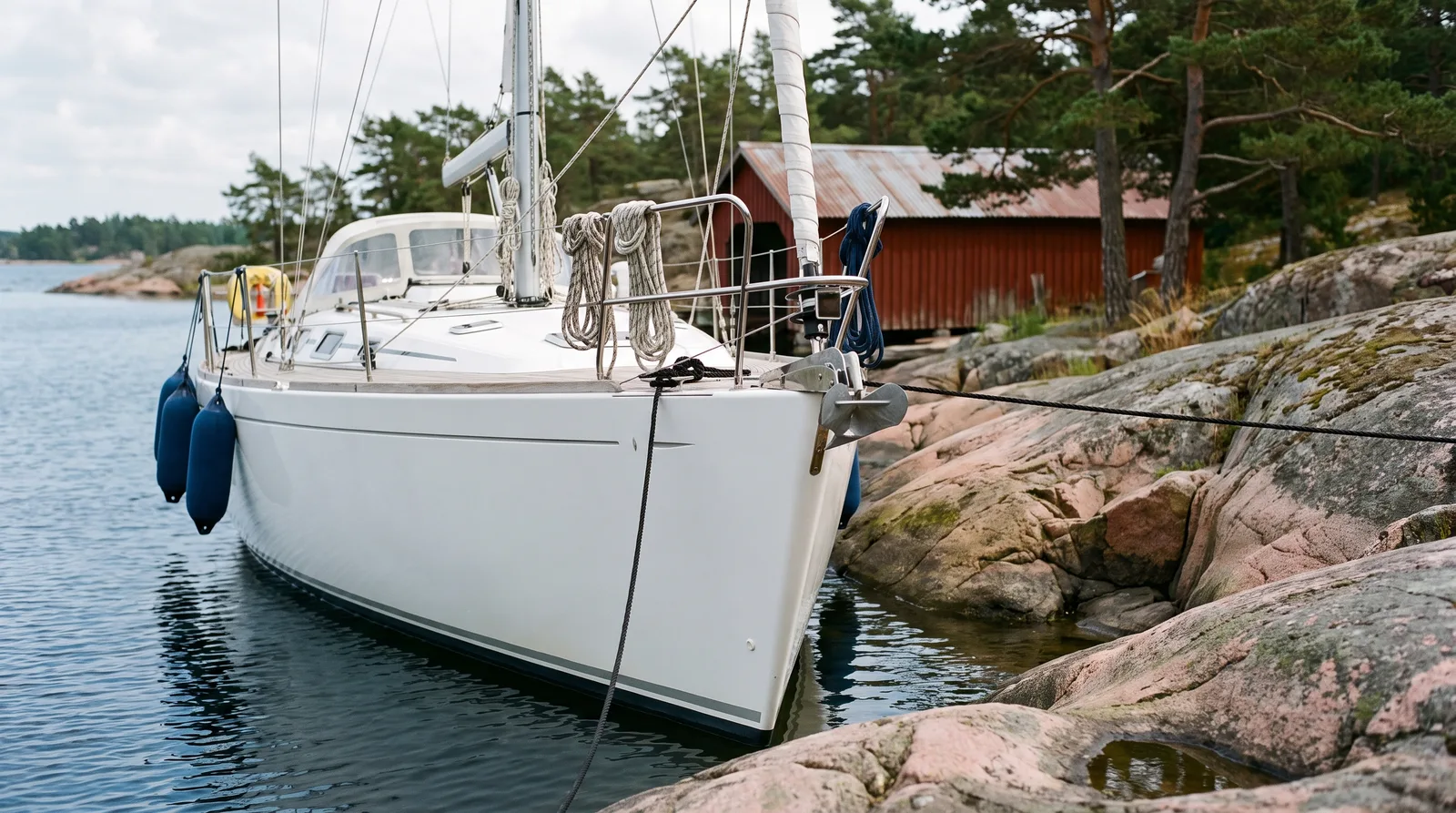 Gepflegte Segelyacht mit dem Bug an rosa Granitfelsen in den schwedischen Schären festgemacht, dahinter Kiefern und ein rotes Bootshaus
