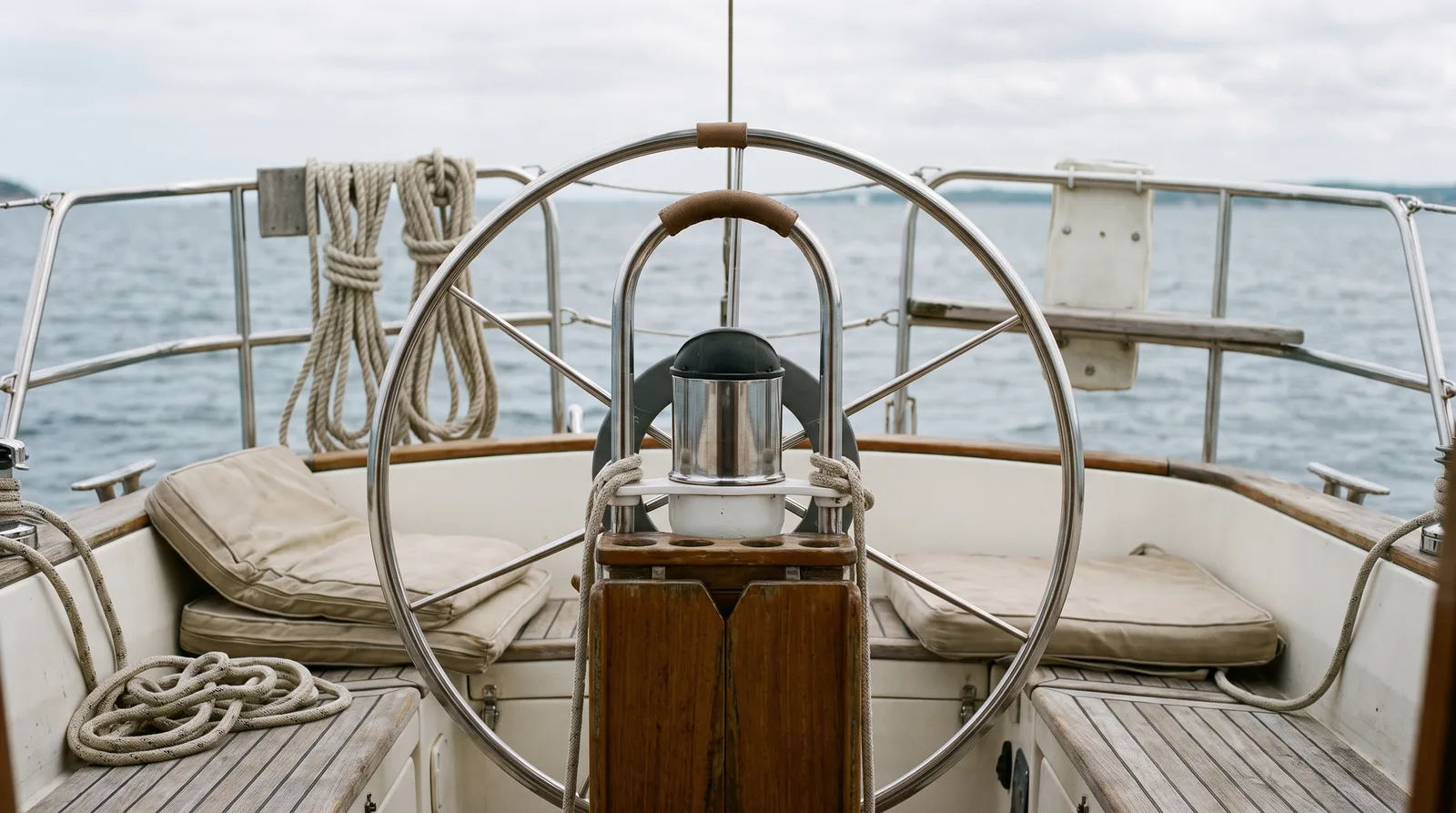 Leeres Cockpit einer Segelyacht mit Steuerrad, Kompass und aufgeschossenen Leinen vor ruhigem Wasser