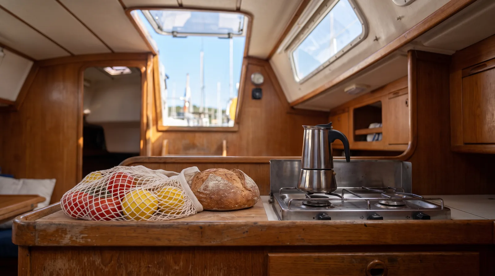 Pantry einer Segelyacht mit Brot, Tomaten und Zitronen im Netzbeutel und einer Kaffeekanne auf dem Herd, darüber ein offenes Luk