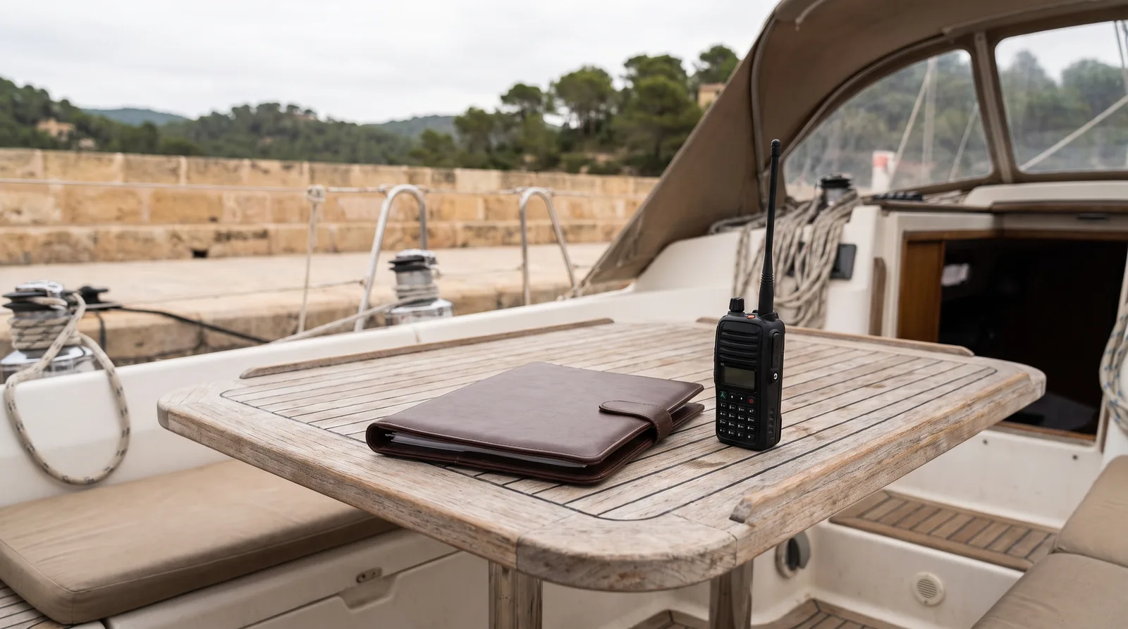 Cockpit einer Charteryacht in einer Marina auf den Balearen, auf dem Teaktisch eine geschlossene Dokumentenmappe und ein Handfunkgerät