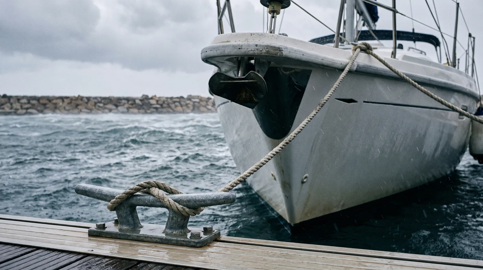 Bug einer Segelyacht am Steg, die Festmacherleine straff über der Klampe, dahinter aufgewühltes graues Wasser vor der Steinmole