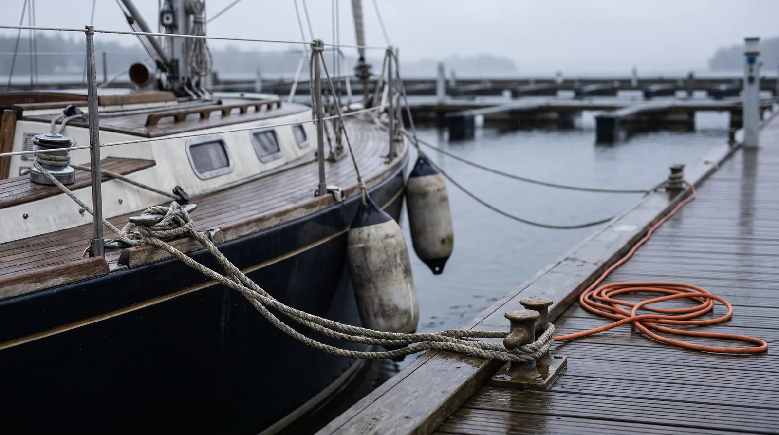 Eine leere Segelyacht liegt an einem Steg im Nebel, die Festmacher sind auf einer Klampe belegt, dahinter freie Liegeplätze