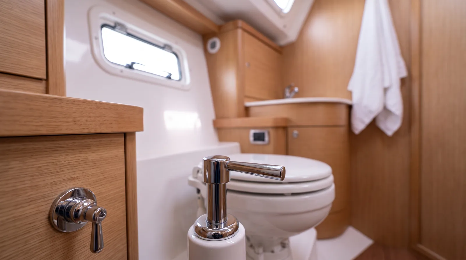 Nasszelle einer modernen Segelyacht mit Bordtoilette und verchromtem Pumpenhebel, helles Holz und ein kleines Fenster
