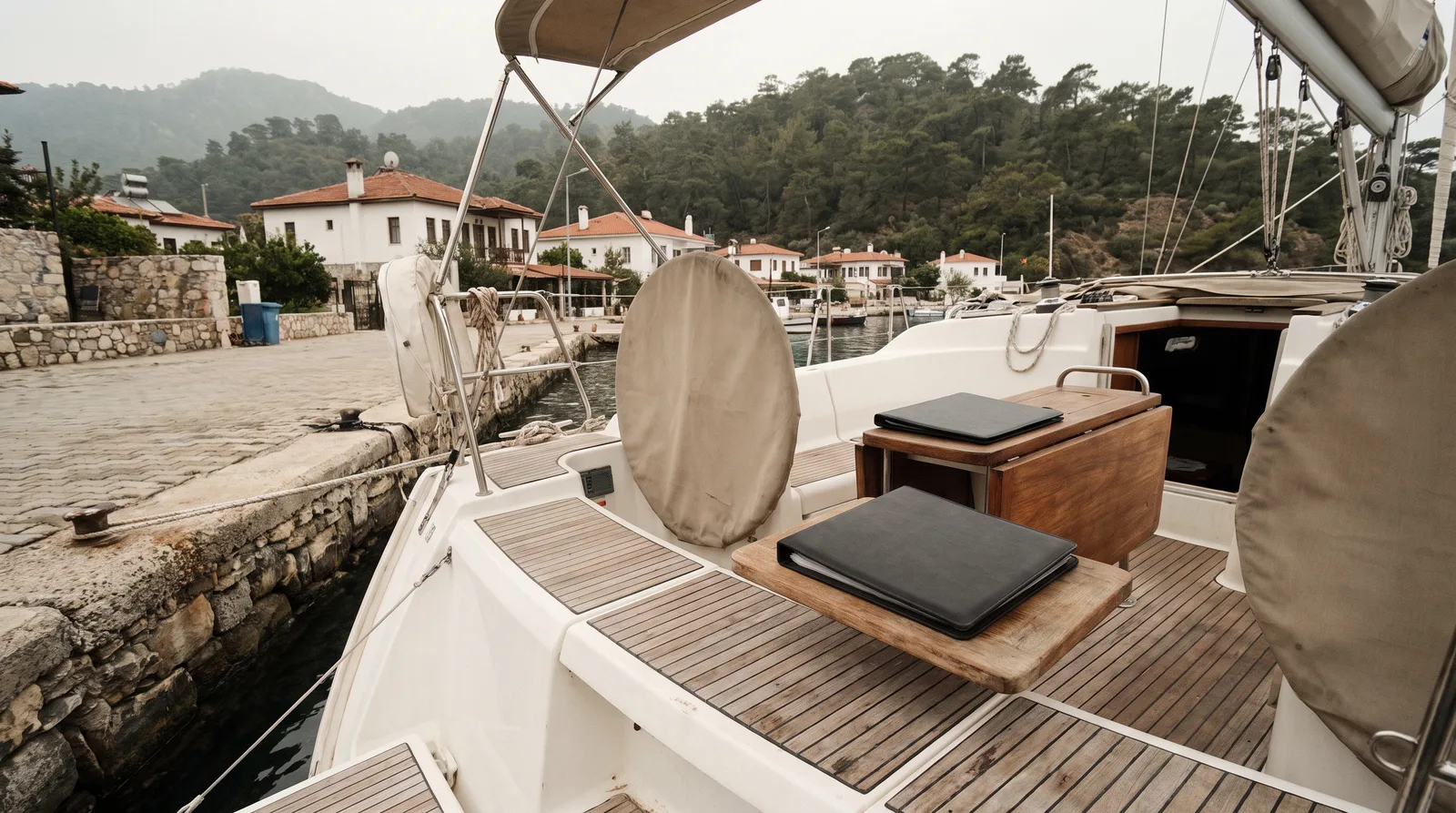 Weiße Segelyacht mit dem Heck an einer Steinmole in einem kleinen Hafen der türkischen Ägäis, auf dem Cockpittisch eine geschlossene Dokumentenmappe, dahinter Kiefernhügel und weiße Häuser