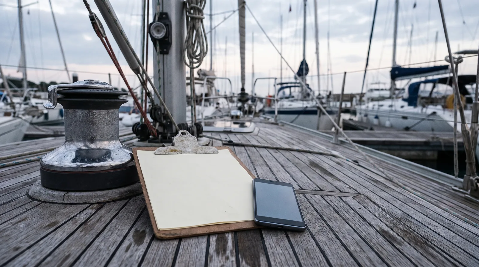 Ein Klemmbrett mit leerem Blatt und ein Smartphone neben einer Winsch auf dem Holzsteg einer Charterbasis, dahinter Segelyachten