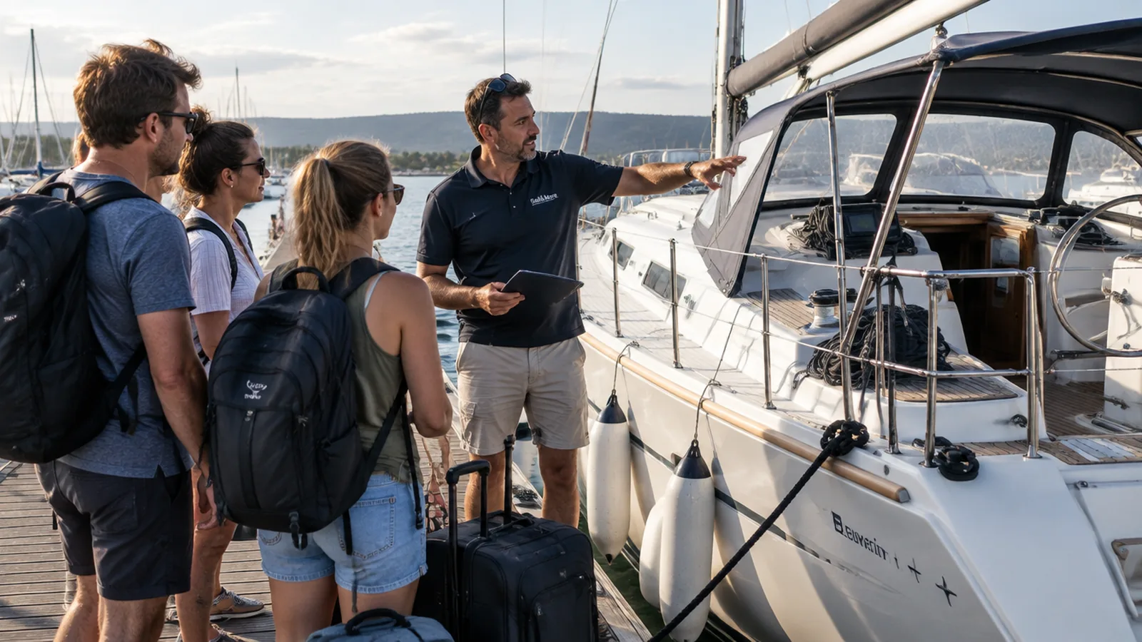 Ein Vercharterer erklärt einer Crew mit Gepäck am Steg die Segelyacht