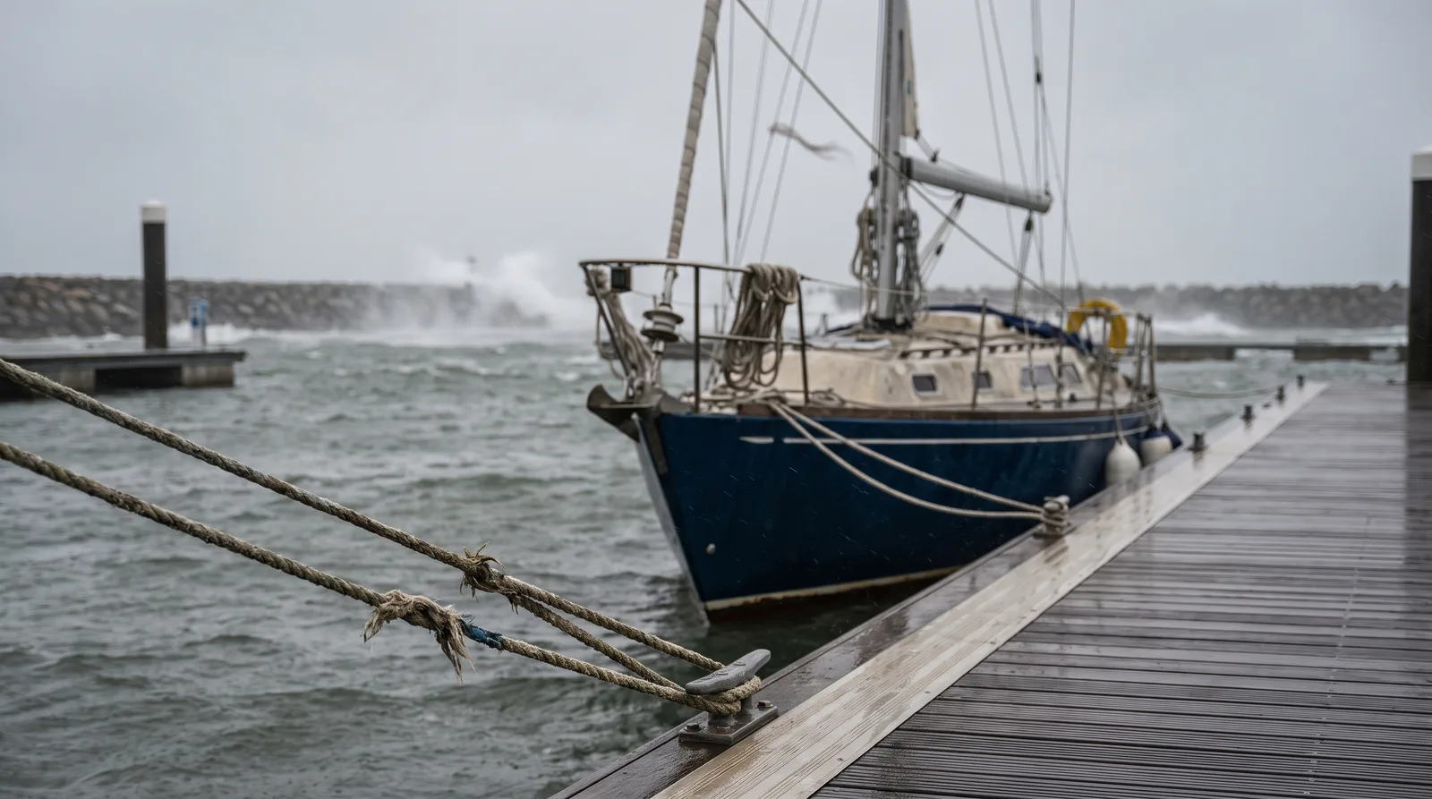 Eine Segelyacht liegt bei auflandigem Sturm an einem nassen Schwimmsteg, dahinter Gischt an der Hafenmole
