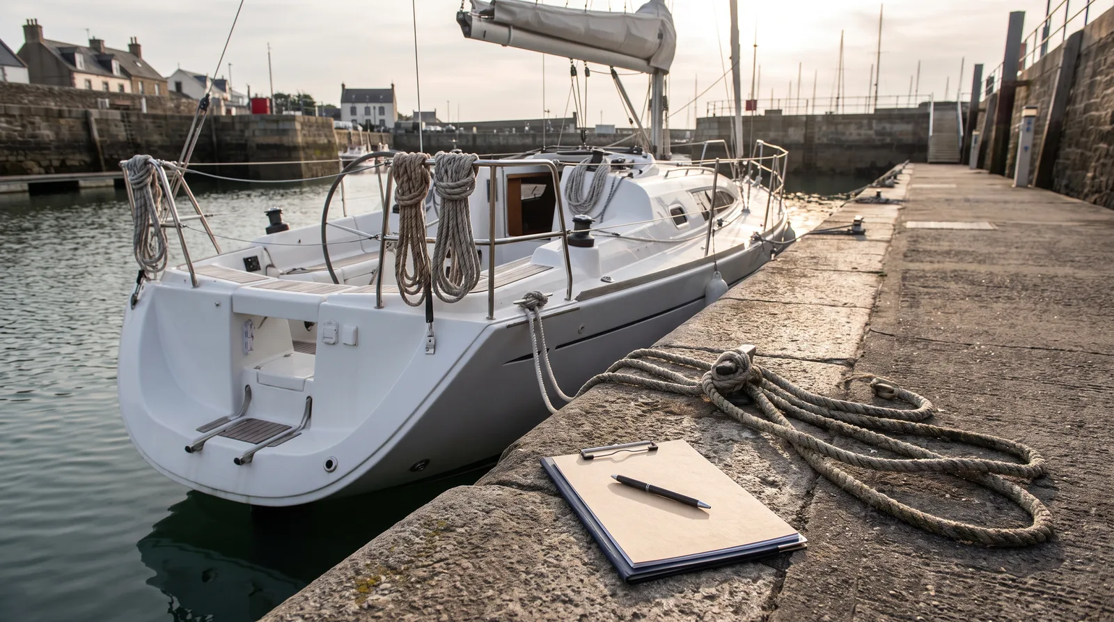Gepflegte Charteryacht mit dem Heck an der Kaimauer, daneben Festmacherleine und ein geschlossenes Klemmbrett mit Stift