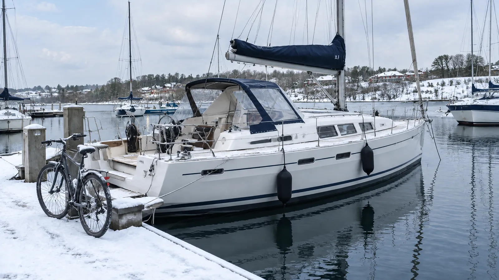 Ein Boot im Winterhafen mit warmem Licht in der Kajüte, daneben ein Fahrrad auf dem Steg