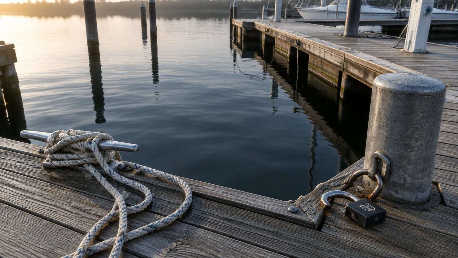 An empty berth in the morning light, the lines still on the cleat and a cut padlock beside them