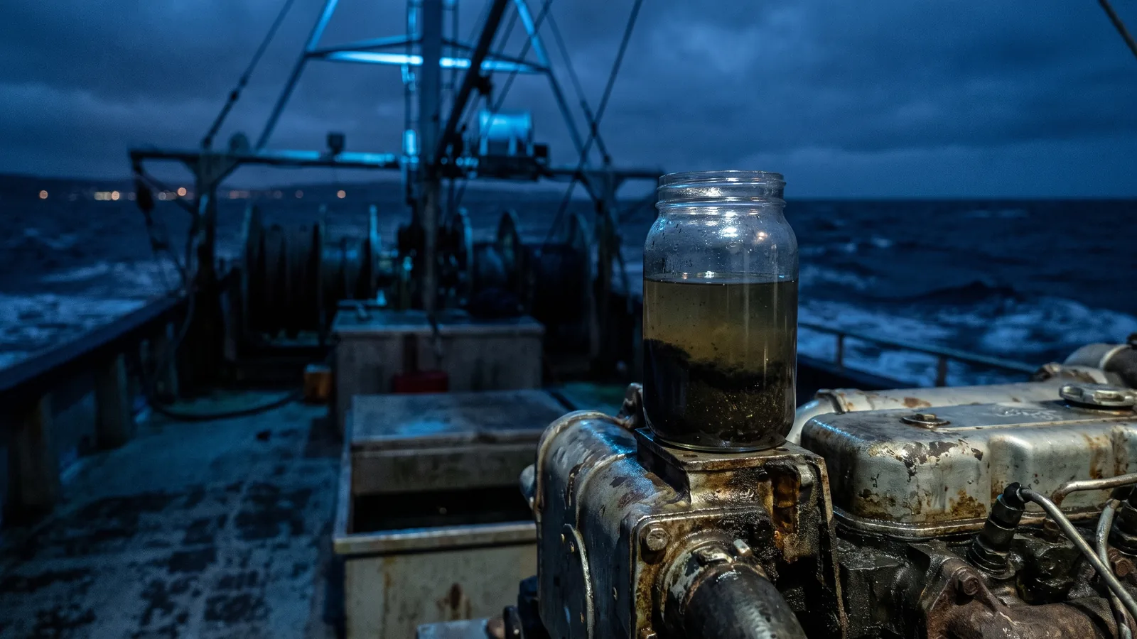 A jar of dark diesel with black sludge settled at the bottom, standing on an engine