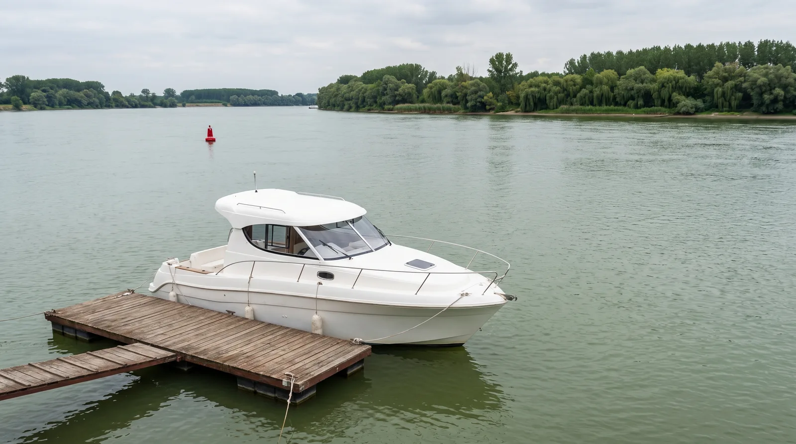 Kleines Motorboot an einem Schwimmsteg auf der breiten unteren Donau mit Weiden am Ufer und roter Tonne