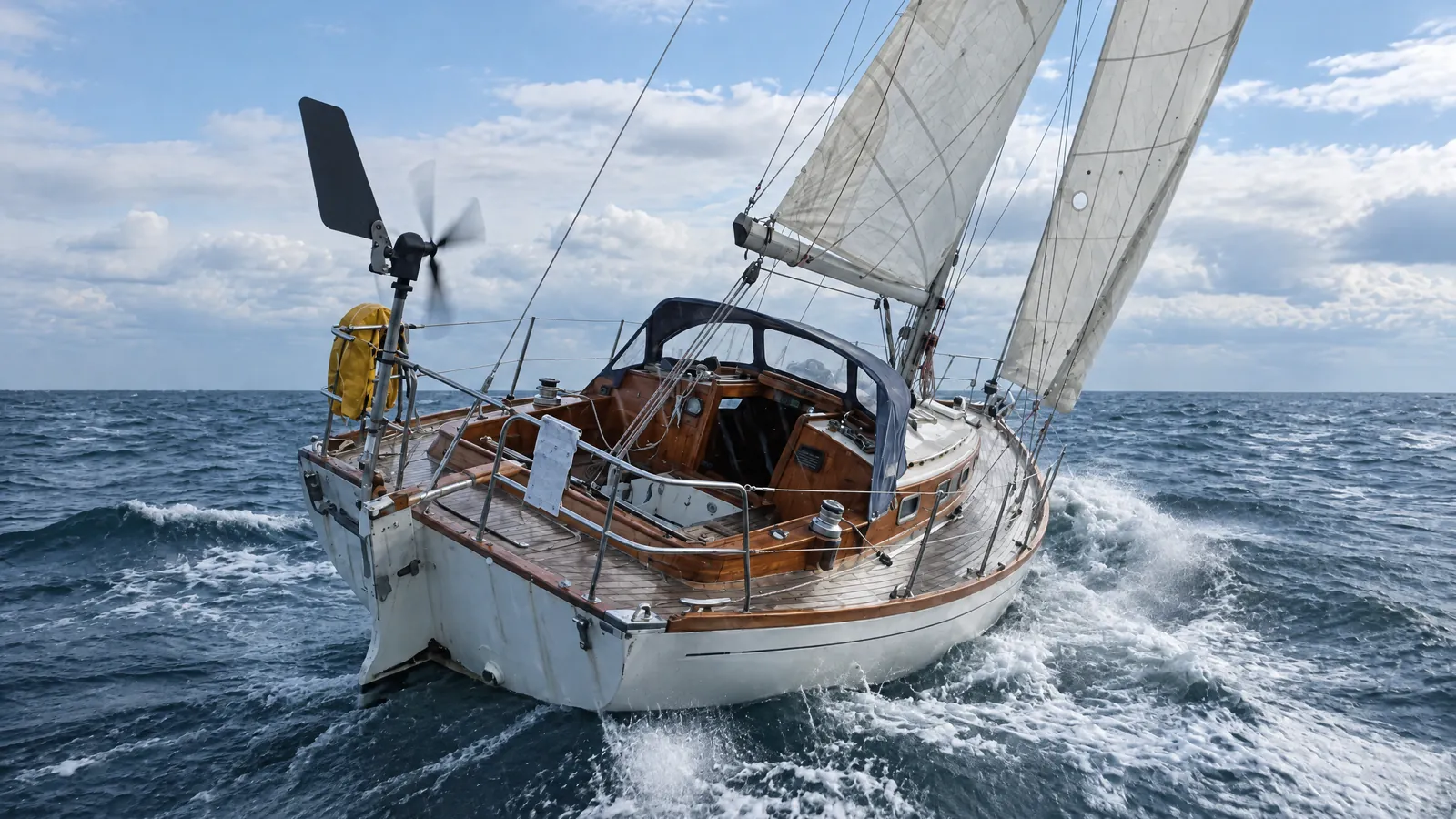 Eine Segelyacht bei Tageslicht auf See, das Cockpit leer, die Windfahne steuert
