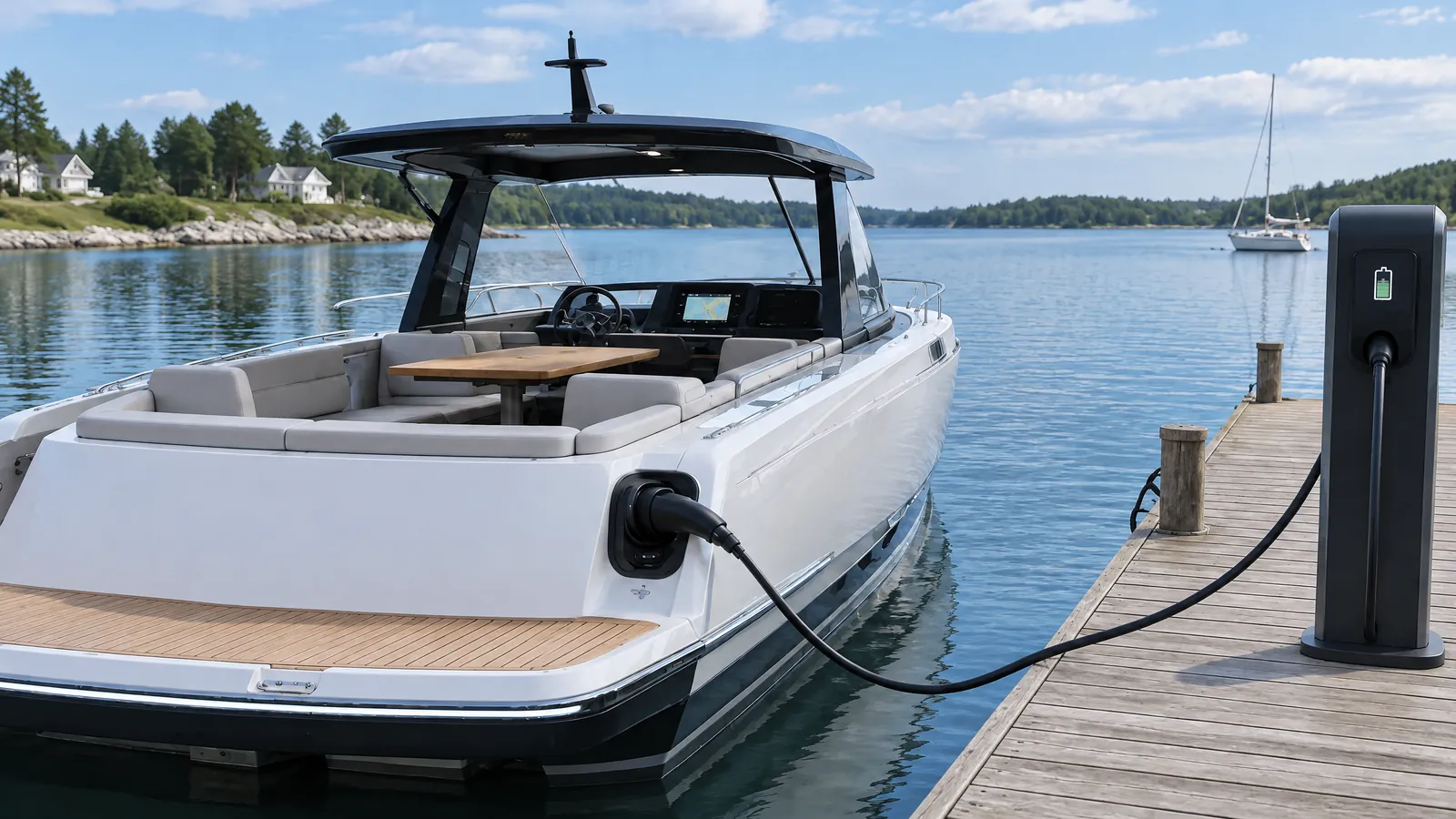 Ein Elektroboot liegt am Ladesteg, das Ladekabel ist eingesteckt