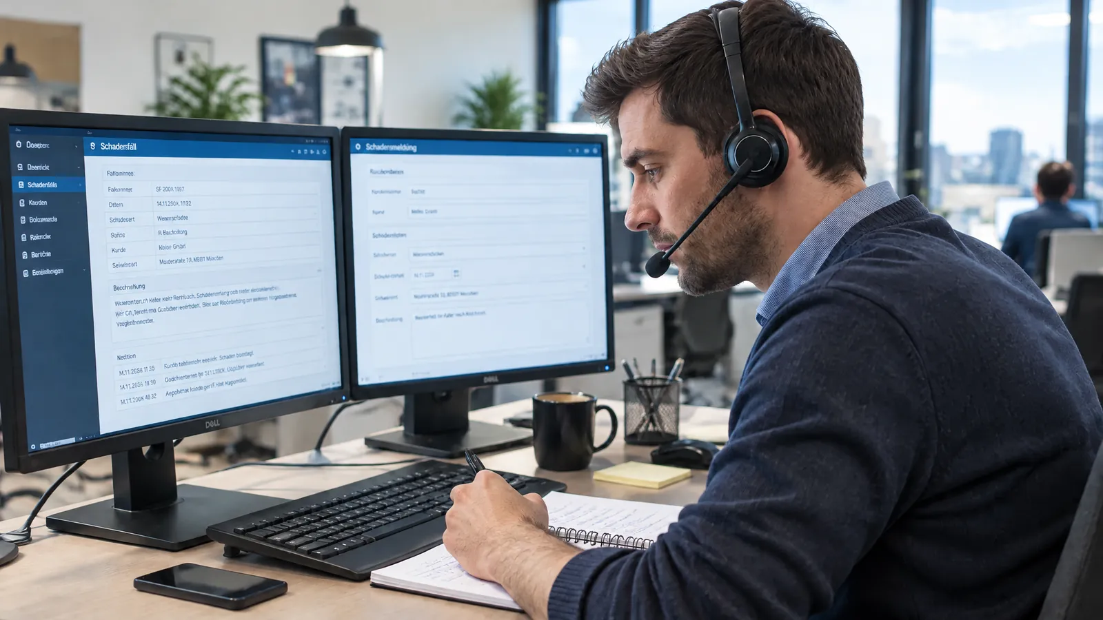 A member of staff on a headset at a desk, taking notes on a claim