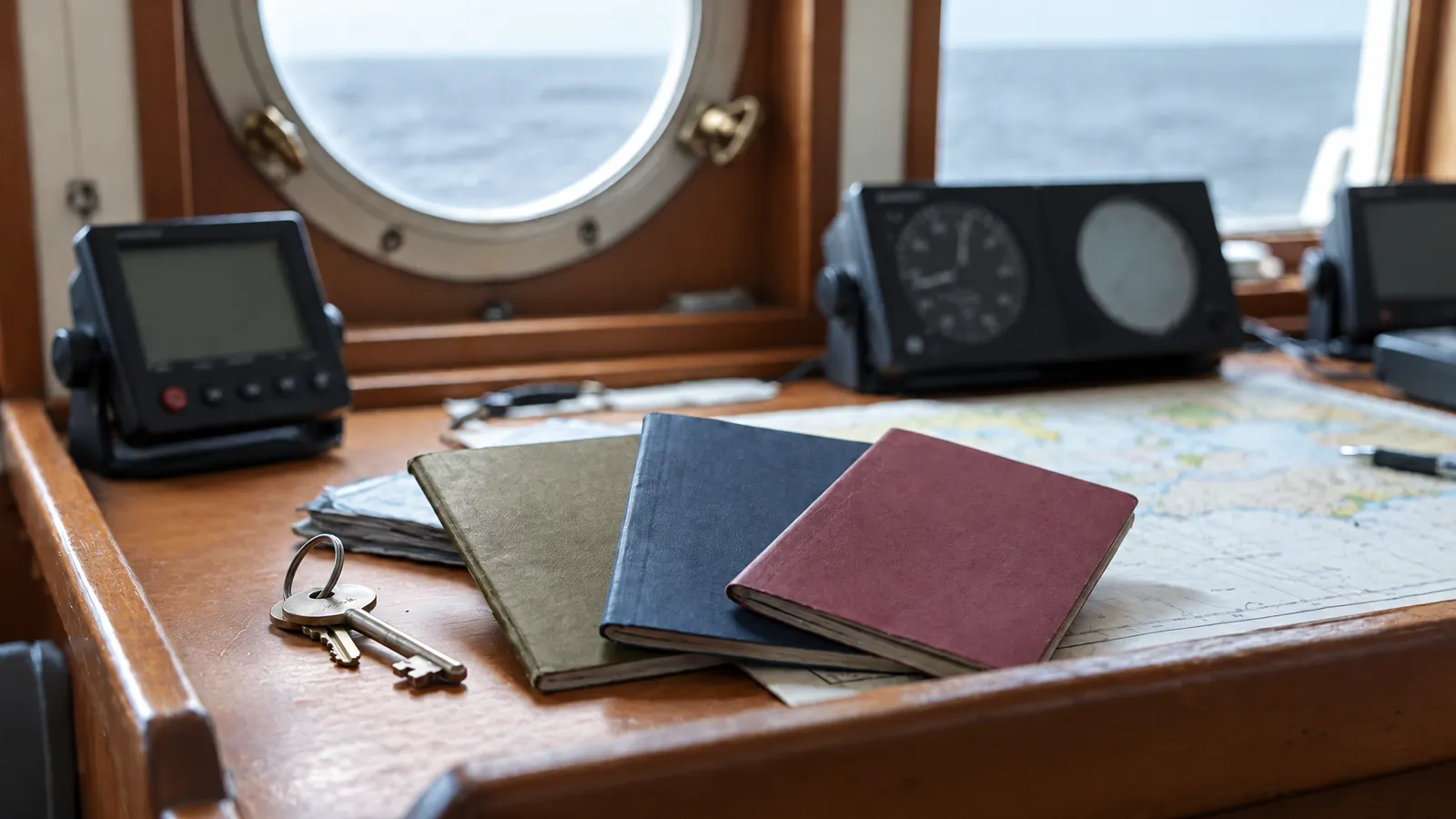 Three passports fanned out on a dark chart table beside a boat key