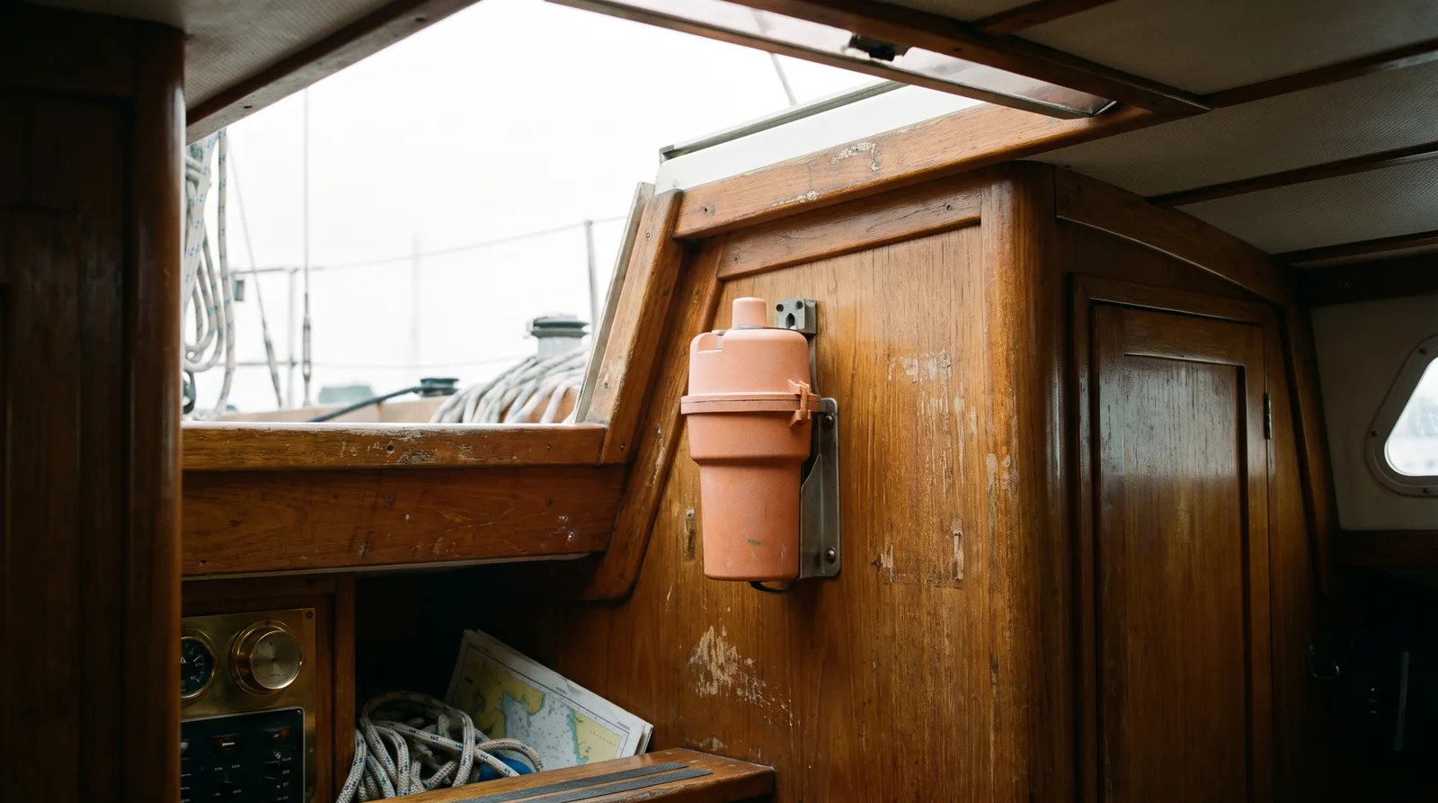 Orange distress beacon in its bracket at the companionway of a sailing yacht