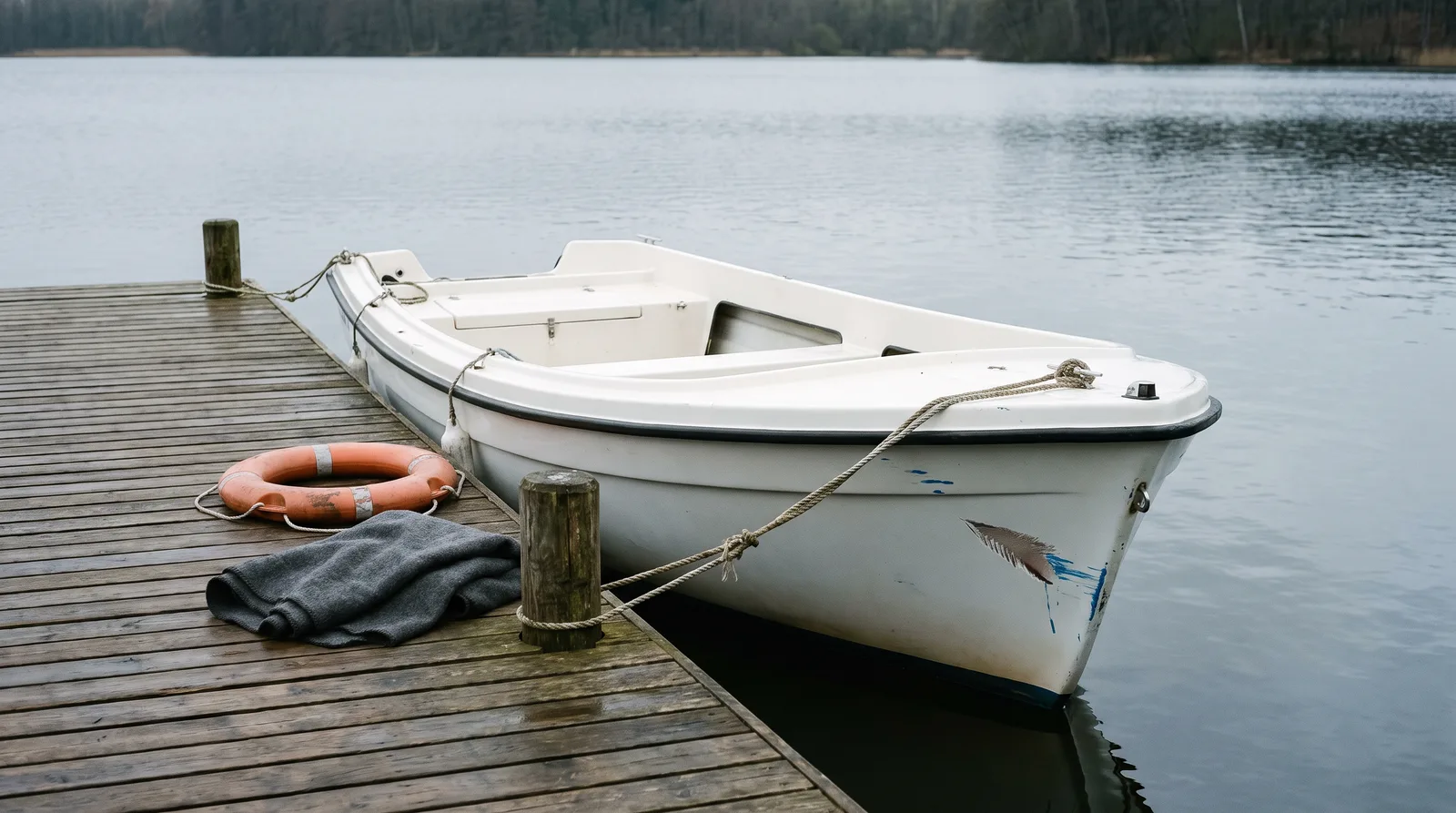 Kleines weißes Motorboot mit frischer Schramme am Bug an einem Holzsteg, daneben ein Rettungsring und eine graue Decke auf den Planken