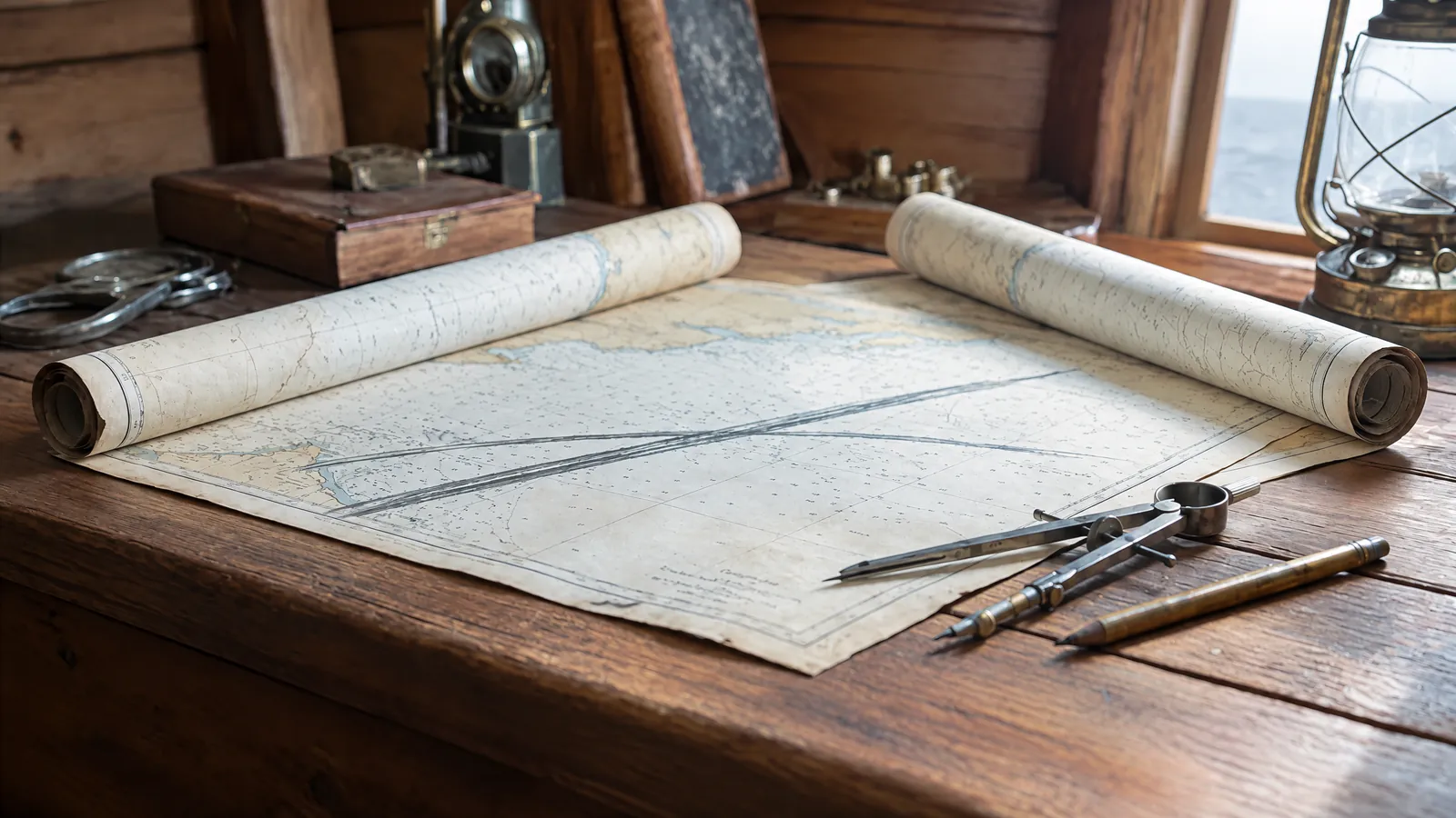 A nautical chart with one hard pencil line drawn across it like a border