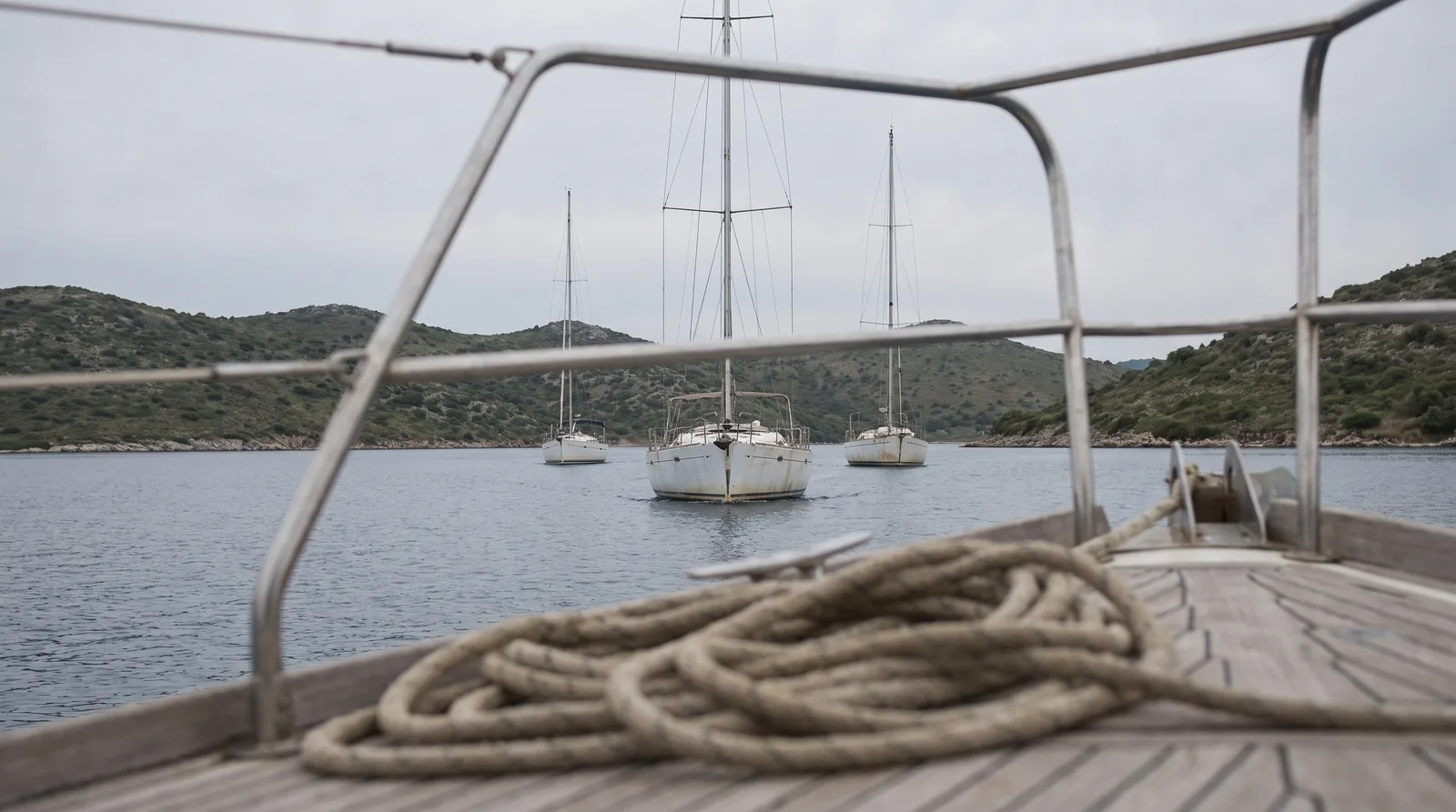 Drei weiße Segelyachten fahren gemeinsam durch eine ruhige Bucht, gesehen über den Bugkorb einer weiteren Yacht