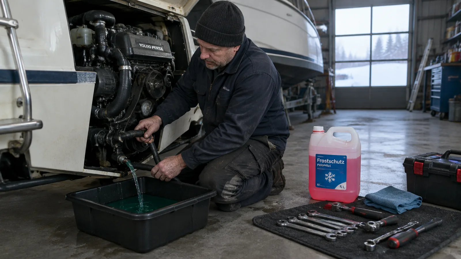 A mechanic draining the cooling water from a boat engine in winter storage and topping up antifreeze
