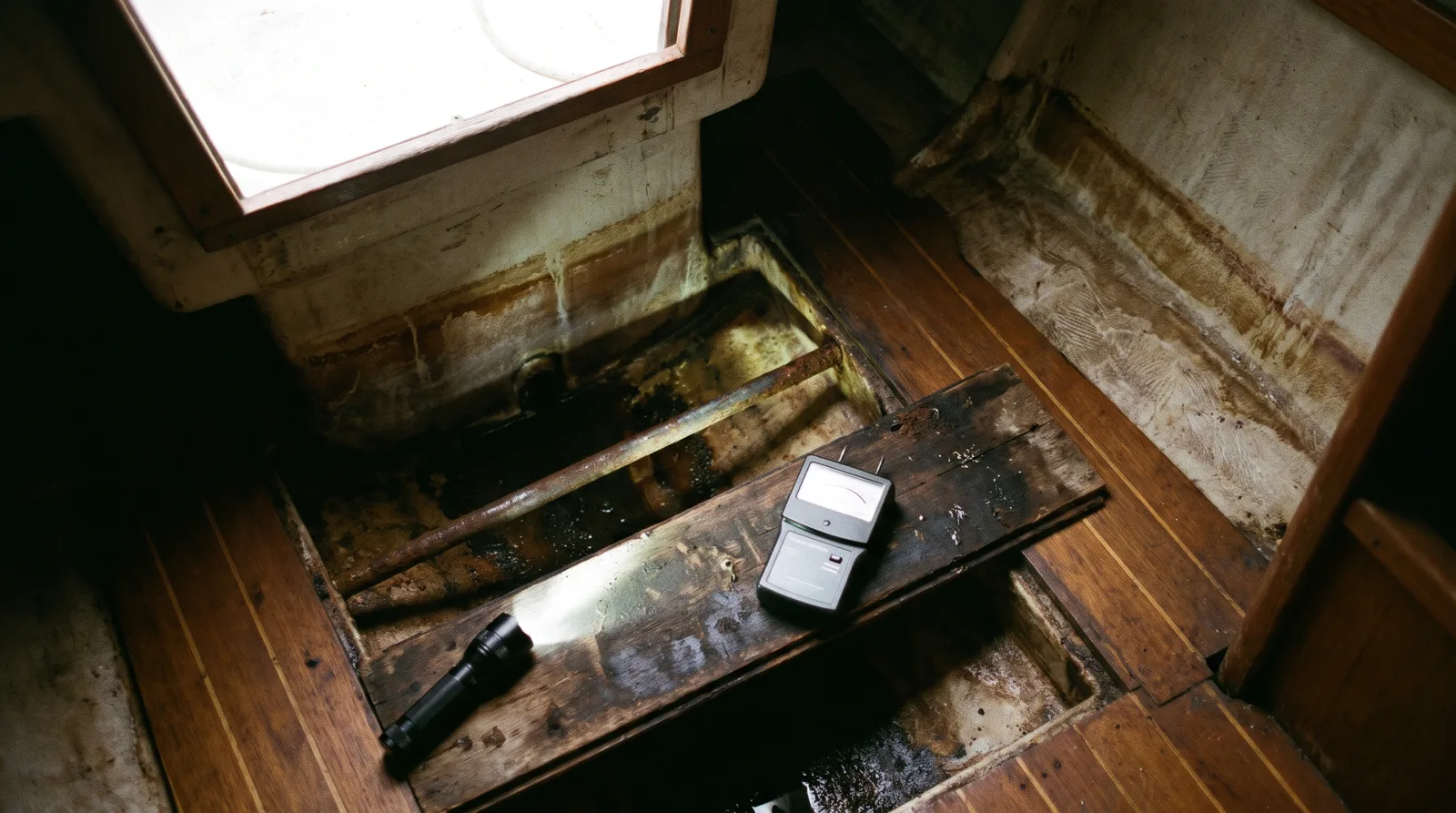 Geöffnete Bodenbretter in einer gebrauchten Segelyacht, dunkle Wasserflecken im Laminat der Bilge, darauf ein Feuchtemessgerät und eine Taschenlampe