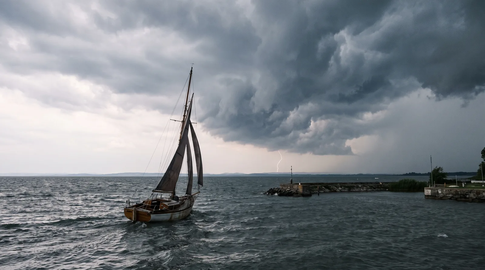 Gewitterwolken mit Blitz über einem See und Segelyacht auf dem Weg in den Hafen