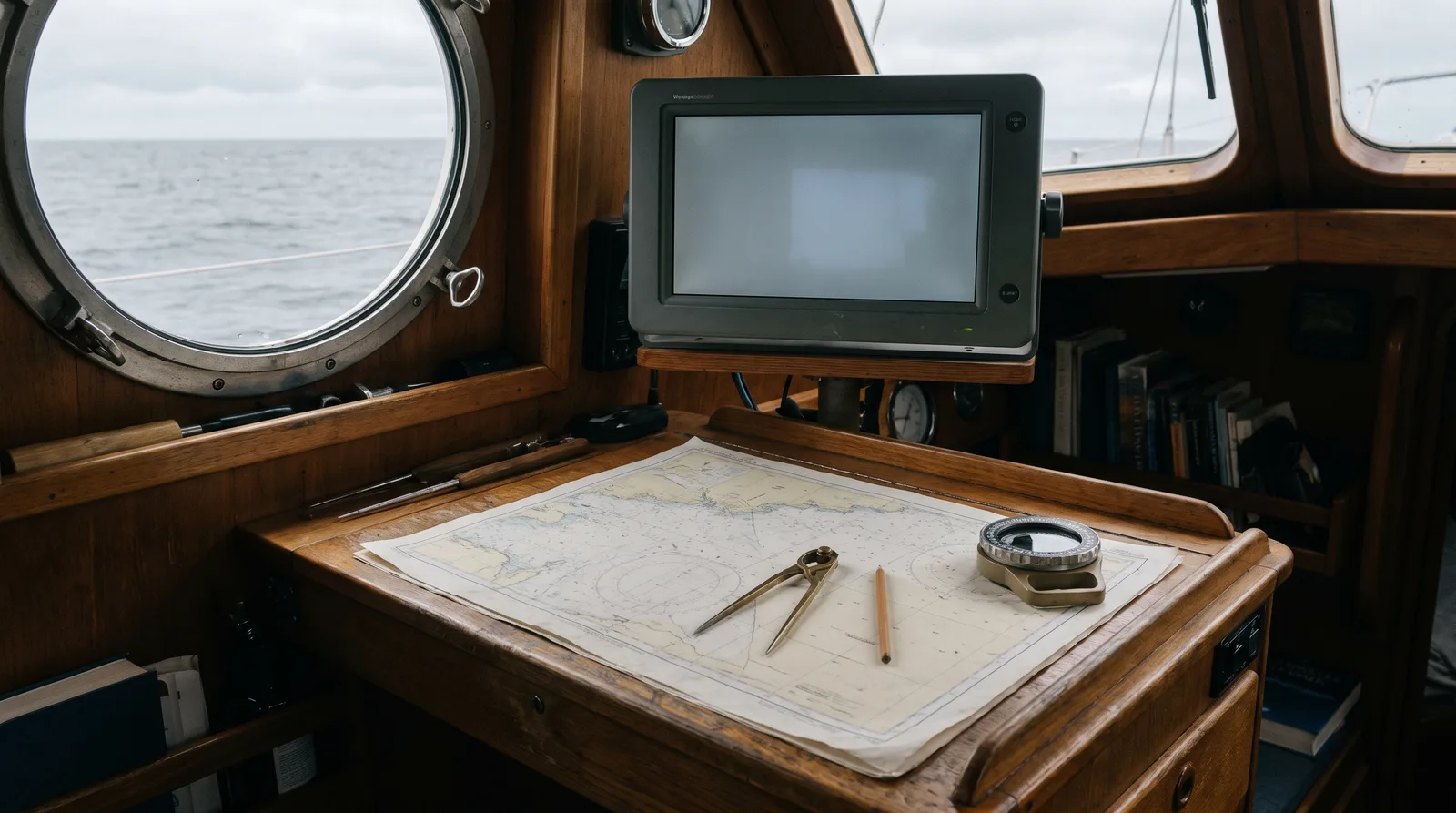 Papierseekarte mit Zirkel und Handpeilkompass am Kartentisch einer Segelyacht