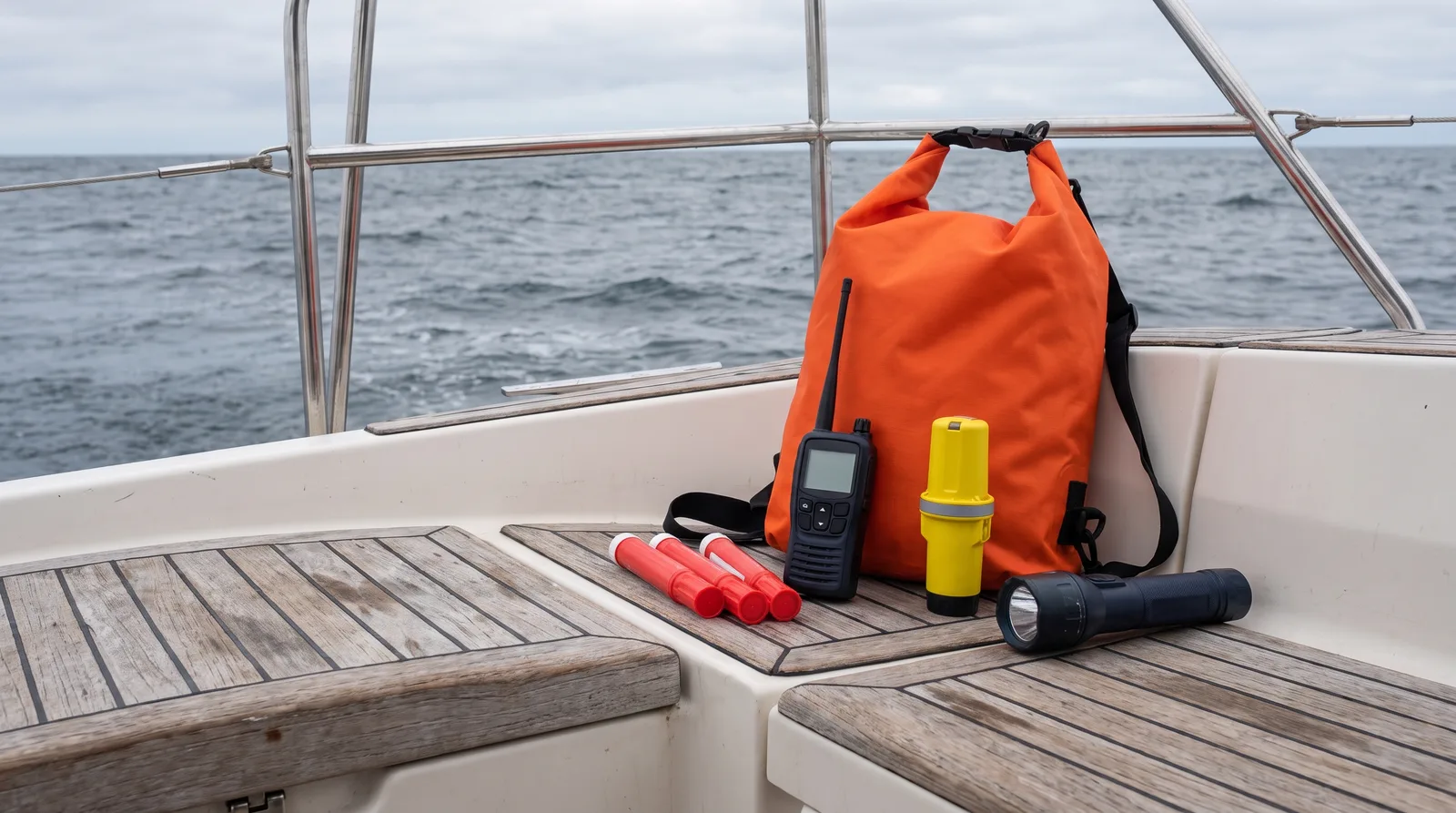 Orange Notfalltasche mit Handfunkgerät, Notsender, Lampe und Handfackeln im Cockpit