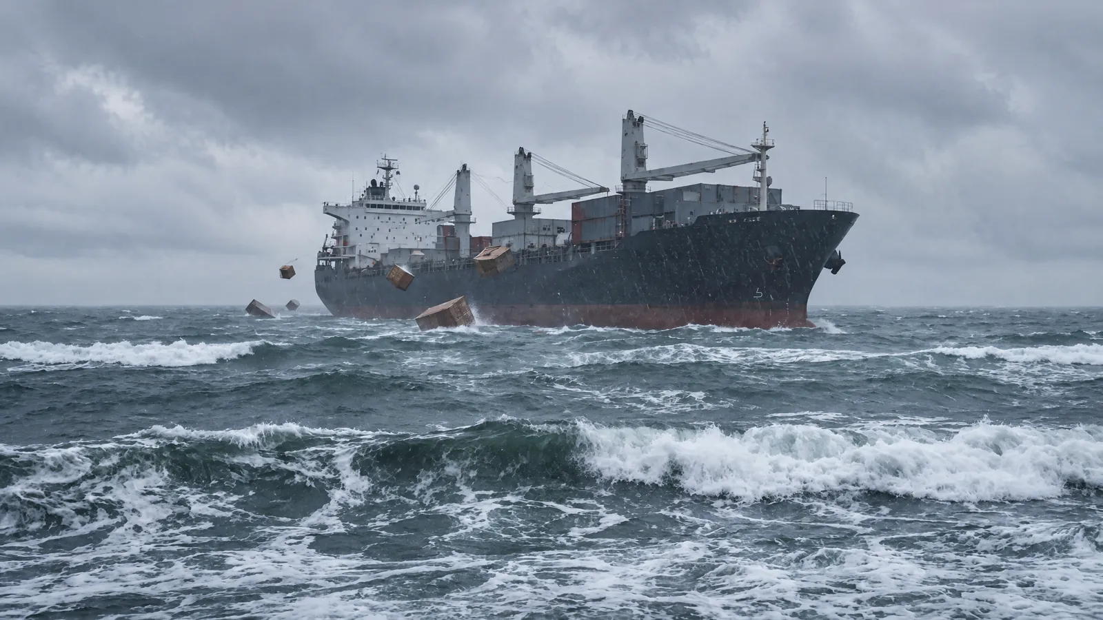 Ein großes Schiff wirft im Sturm Ladung über Bord, aus der Ferne gesehen
