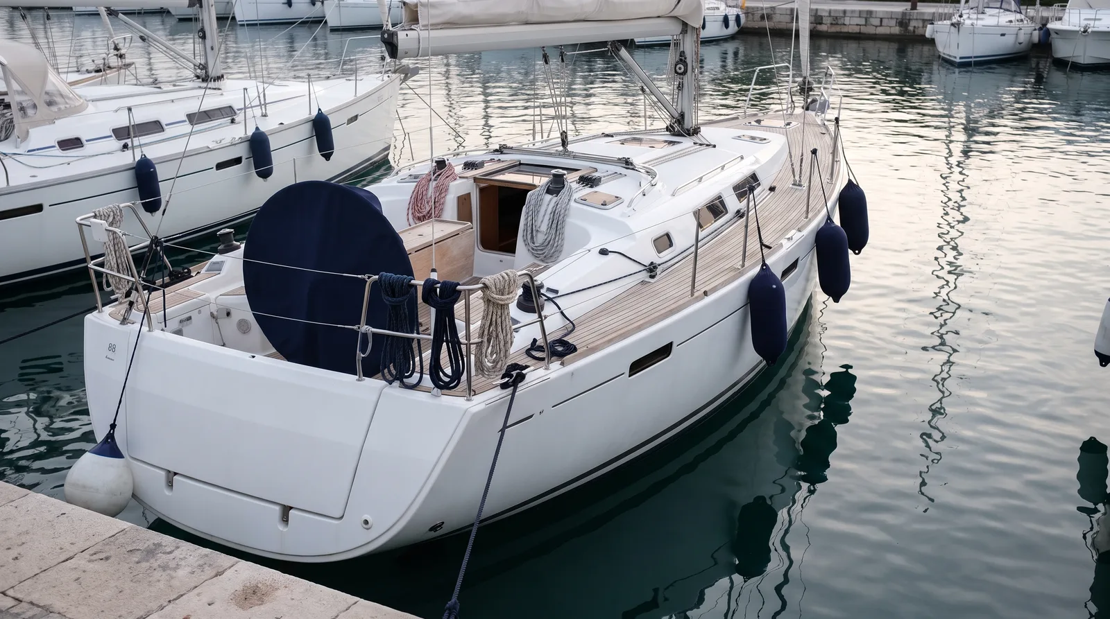 Gepflegte Segelyacht am Steg in einer ruhigen Marina im Morgenlicht