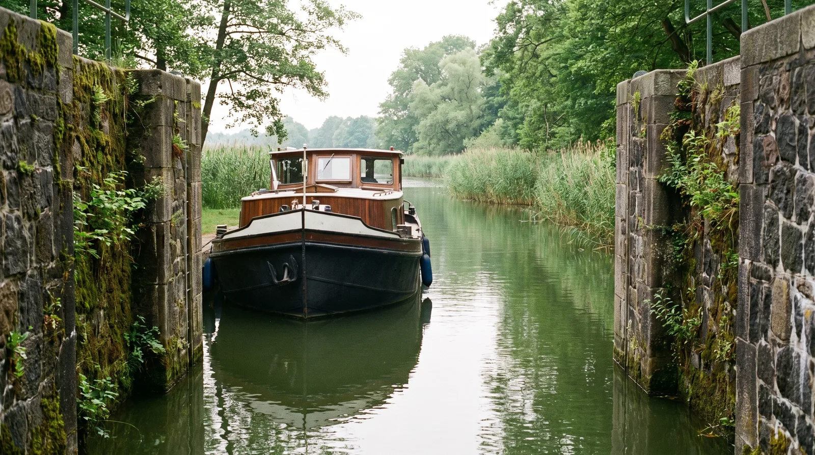Ein gemietetes Hausboot liegt in einer schmalen Schleuse an einer grünen Wasserstraße, ringsum Schilf und ruhiges Wasser
