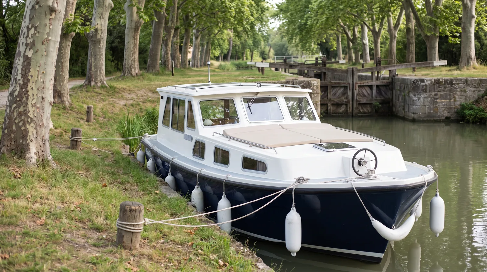 Gepflegtes Mietboot mit dunkelblauem Rumpf an Holzpollern eines französischen Kanals unter Platanen, dahinter eine alte Steinschleuse
